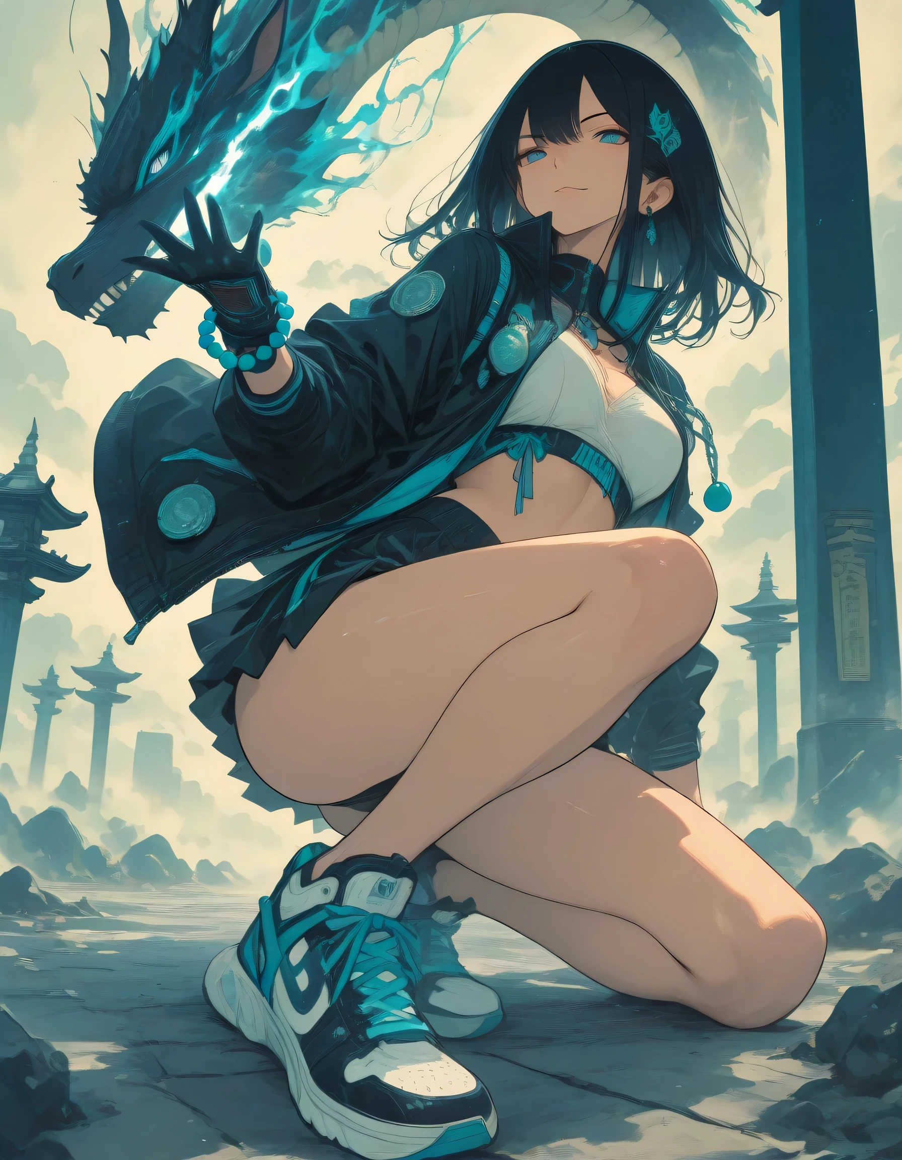1girl, black hair, stylish clothes, stylish sneakers, grafiti as a backdrop, intricate detailed,Dragon claw gloves,Overflowing energy,Japanese anime painting art,Long black hair girl, arrogant face, With a sinister smile, ornament,Large prayer beads as accessories,High Resolution, Masterpiece, Accurate, Anatomically Correct, Award Winning, Best Quality, High Details, High Quality, Super Detailed, Anime, Anime Style, Japanese Illustration Style, dynamic angle, dynamic view,