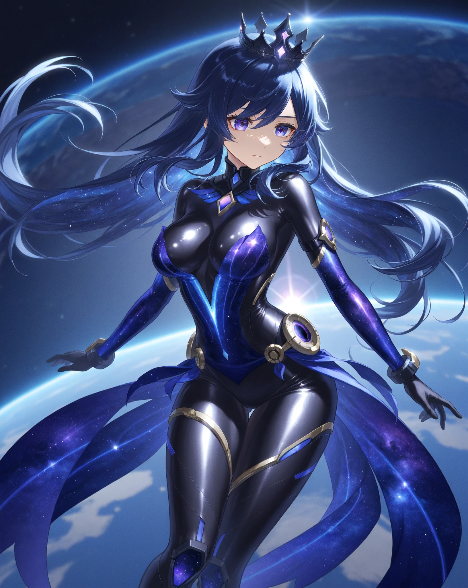 1 girl, Superhero, leotard, barefoot, boots, matching boots, Dark blue hair, Dark blue eyes, Star mark on chest, Bob Hair, Medium chest, Particles of light, aura, blue aura, stand, standing, Space Background, magic, I raised my hands in the air, Fine and beautiful eyes, body infused with blue aura, Shining Body, Full Body Shot