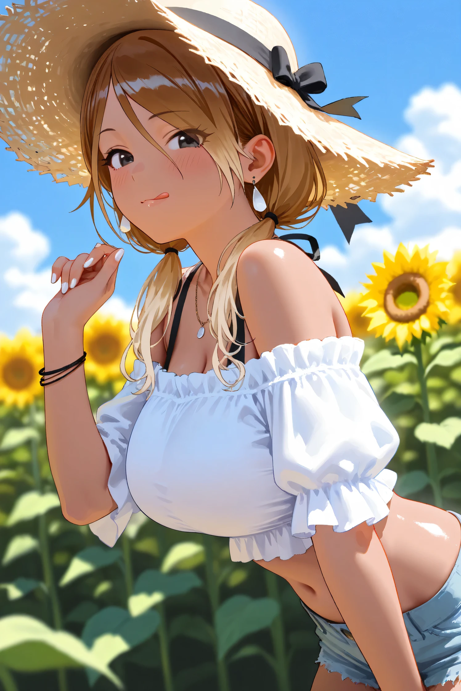 1 girl， (((raised high huge round buttocks))), Wide  A sunflower field in full bloom，Back view of a woman in Translucent white thong (underwear),long shot,wide view, commercial photography，award-winning photograph，(photorealistic),unity 8k wallpaper,(ultra detailed:1.3),(light_on_face:1.4)，CanonEOS 5D MarkIV DSLR