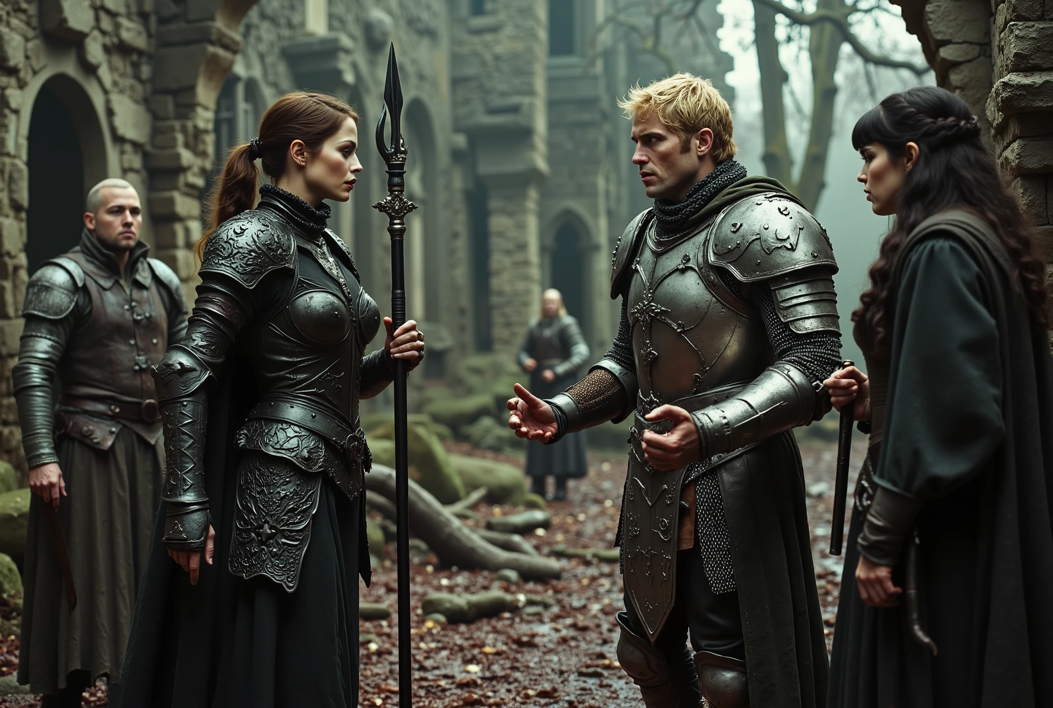 A photograph of a tall woman in intricately etched full-plate ebony armour, wielding a black glaive. She appears unkempt, with long brown hair tied in a ponytail, fair skin, and light green eyes. She is in a heated argument with an angry, muscular blonde man clad in silver chainmail, equipped with a sheathed sword and shield. A female observer, dressed in dark velvet robes, has a pale complexion and long black hair, and she looks on with concern at the argument. In the background, a male ranger and a male soldier stand amidst a blood-soaked forest glade and ancient ruins. The blonde man gestures toward the doorway of the ruins. The atmosphere is unsettling, liminal, and violent, imbued with a sense of despair. It conveys a highly detailed, dystopian, and oppressive ambience of decay.