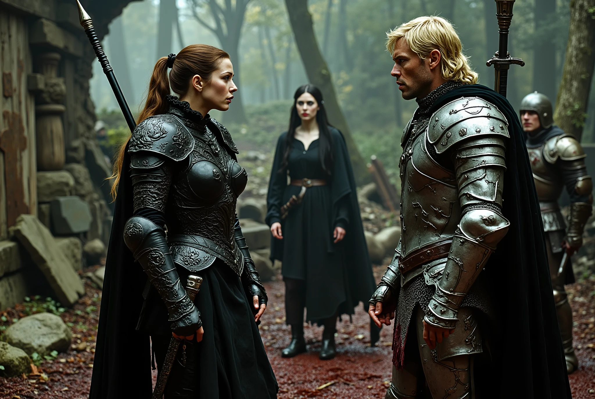 A photograph of a tall woman in intricately etched full-plate ebony armour, wielding a black glaive. She appears unkempt, with long brown hair tied in a ponytail, fair skin, and light green eyes. She is in a heated argument with an angry, muscular blonde man clad in silver chainmail, equipped with a sheathed sword and shield. A female observer, dressed in dark velvet robes, has a pale complexion and long black hair, and she looks on with concern at the argument. In the background, a male ranger and a male soldier stand amidst a blood-soaked forest glade and ancient ruins. The blonde man gestures toward the doorway of the ruins. The atmosphere is unsettling, liminal, and violent, imbued with a sense of despair. It conveys a highly detailed, dystopian, and oppressive ambience of decay.