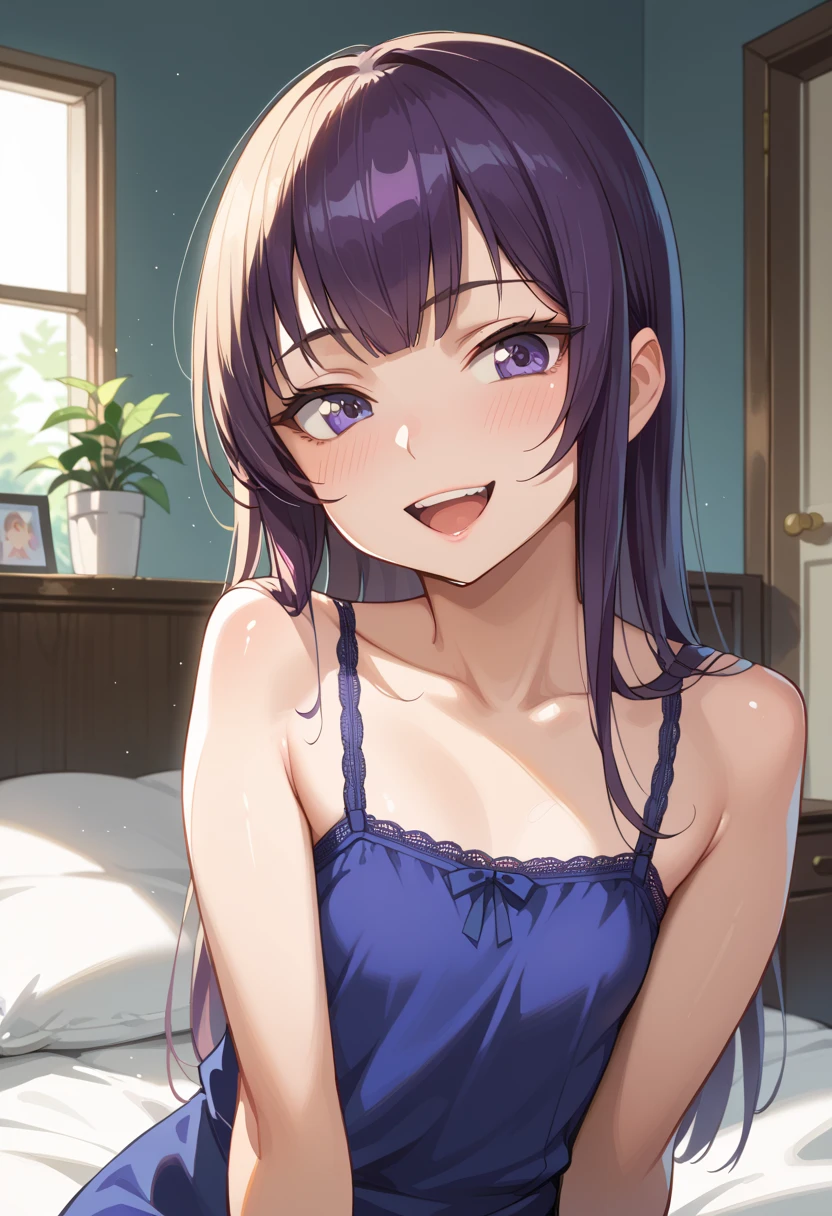 ((Best Quality)), ((masterpiece)), (be familiar with), perfect face, indoor, bedroom, watching viewers,
One woman, Saeko Tokushima,
open mouth, ecstatic expression, blush, smile,
small , flat chest, Young girl, lori, ren, girl,
long hair, long hair,
opening,