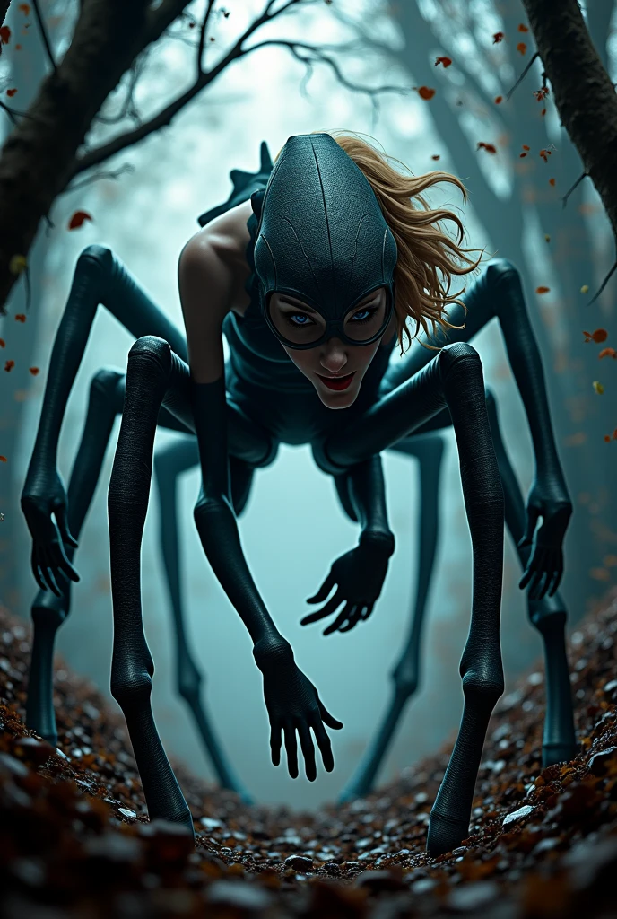 ((best quality)), ((masterpiece)), (detailed) Draw a cricket with feminine features and a humanoid body, highlighting a clearly cricket-like face, with antennae and typical facial features, but with an elegant humanoid body. She has giant red hair, smooth and fluid, that sways with the wind. She is hanging from a rope that extends from a window of a tall building.. Behind her, through the windows, several spiders are visible, stretching out his paws in an effort to reach her, with expressions of frustration and urgency. The surrounding urban environment should reflect the tension of the scene, contrasting with the figure of the cricket."