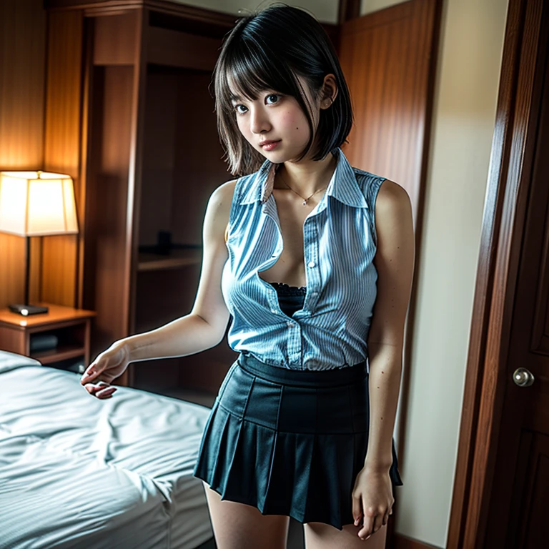 (Best Quality), masutepiece:1.2, 超A high resolution, ((full length body shot:1.4))、((Shot from below:1.4))、Photorealistic:1.4, Raw photo, ((In front of the fireplace in a dark mountain hut:1.4)), (Wide angle shot), ((Collared short sleeve white shirt for students:1.4)),(1girl in),(15 year old girl), (Pink nipples:1.4), ((wetted skin:1.5)), (Real Skin), ((medium breasts:1.4))、(Semi-long hair, dark brown hair)、 ((Denim skirt:1.4)), ((Carrying a large backpack:1.4)),((Not wearing panties:1.4))、((Detailed female genitalia、Pubic hair:1.4))、 (hyperdetailed face), ((shairband:1.4)), (Ultra detailed eyes), (Ultra-detailed nose), (Ultra detailed mouth), (Ultra detailed arms), (ultra detailed body), Pan Focus, gaze at the audience、angry looking face、standing with spread legs