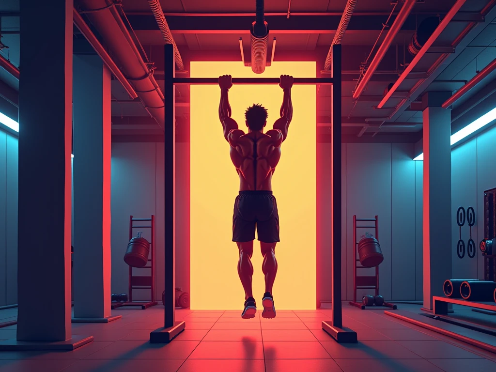 Man doing pull-ups on a bar in white underwear in a square.