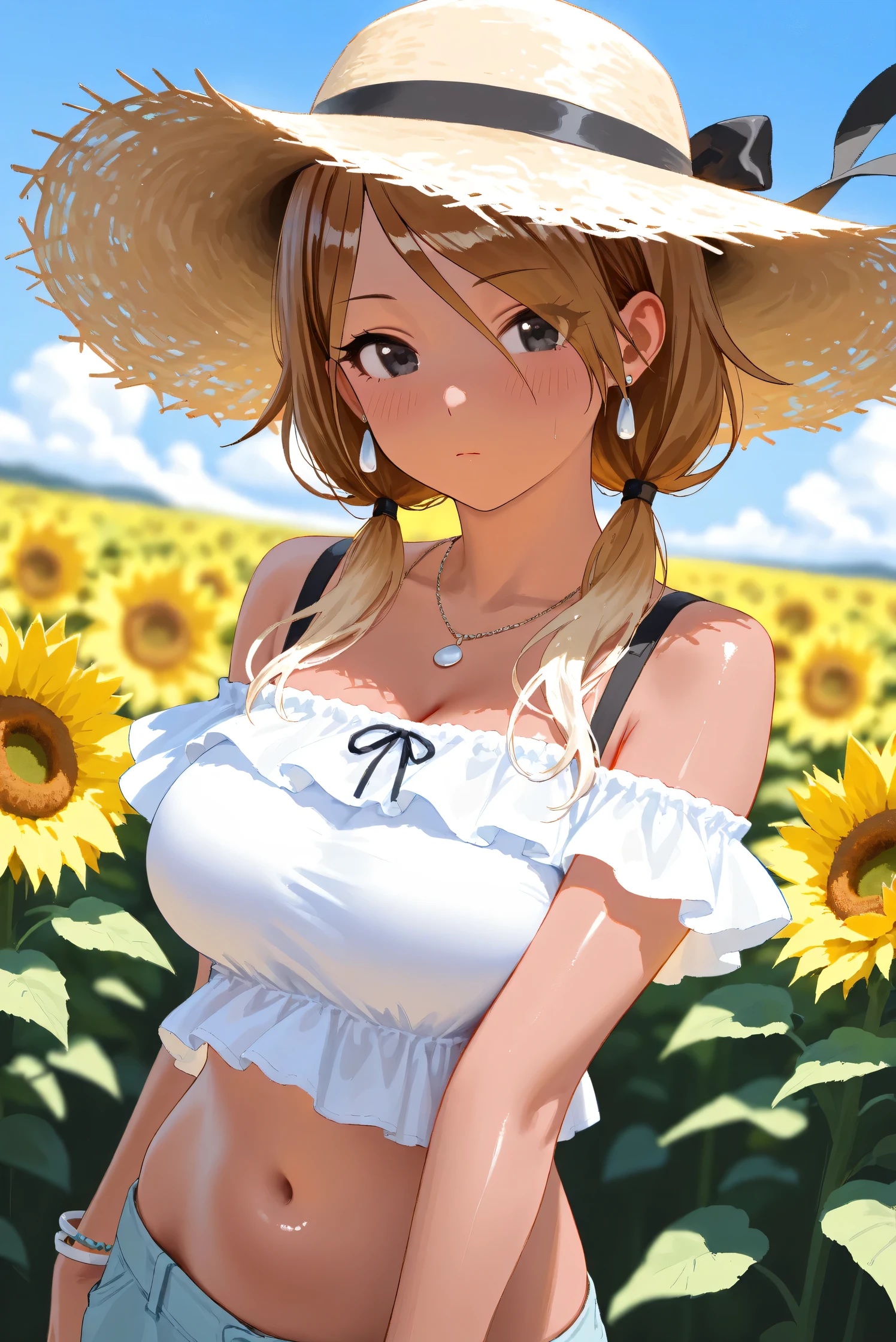 AncheReddressgirl, masterpiece，best quality，High quality，High Definition，High quality textures，High quality shadows，High details，beautiful details，fine details，Extremely detailed CG，Detailed texture，Lifelike facial expression，lifelike，rich and colorful，exquisite，sharp focus，(intricate detailake up，pureerosface_v1:0.5)，(Beautiful details, exquisite face，(Beautiful details, exquisite eyes)，Perfect proportion face，highDetails of the skin，Details of the skin，Four fingers and one thumb in optimal proportions，emaciated:1.3)，1 girl，，high，(Smooth abdominal muscles:1.55)，(abdominal muscles:0.5)，pretty，Perfect，high，((Big breasts, plump breasts, cleavage)), ((bare shoulders)), ((The skirt is short)), (long legs)，(straight legs)，(thin waist)，((White skin))，White skin，((White skin))，(emma watson)，Big breasts，((Caucasian))，light blonde hair，Stand with legs apart，looking at the audience，whole body，Portrait of cute blonde girl，((Standing in the wheat field,Look into the distance))，bloom，orange mist，sports，Wisps of hair，lifelike，High quality rendering，amazing art，High quality，film texture，Fujifilm XT3，dream