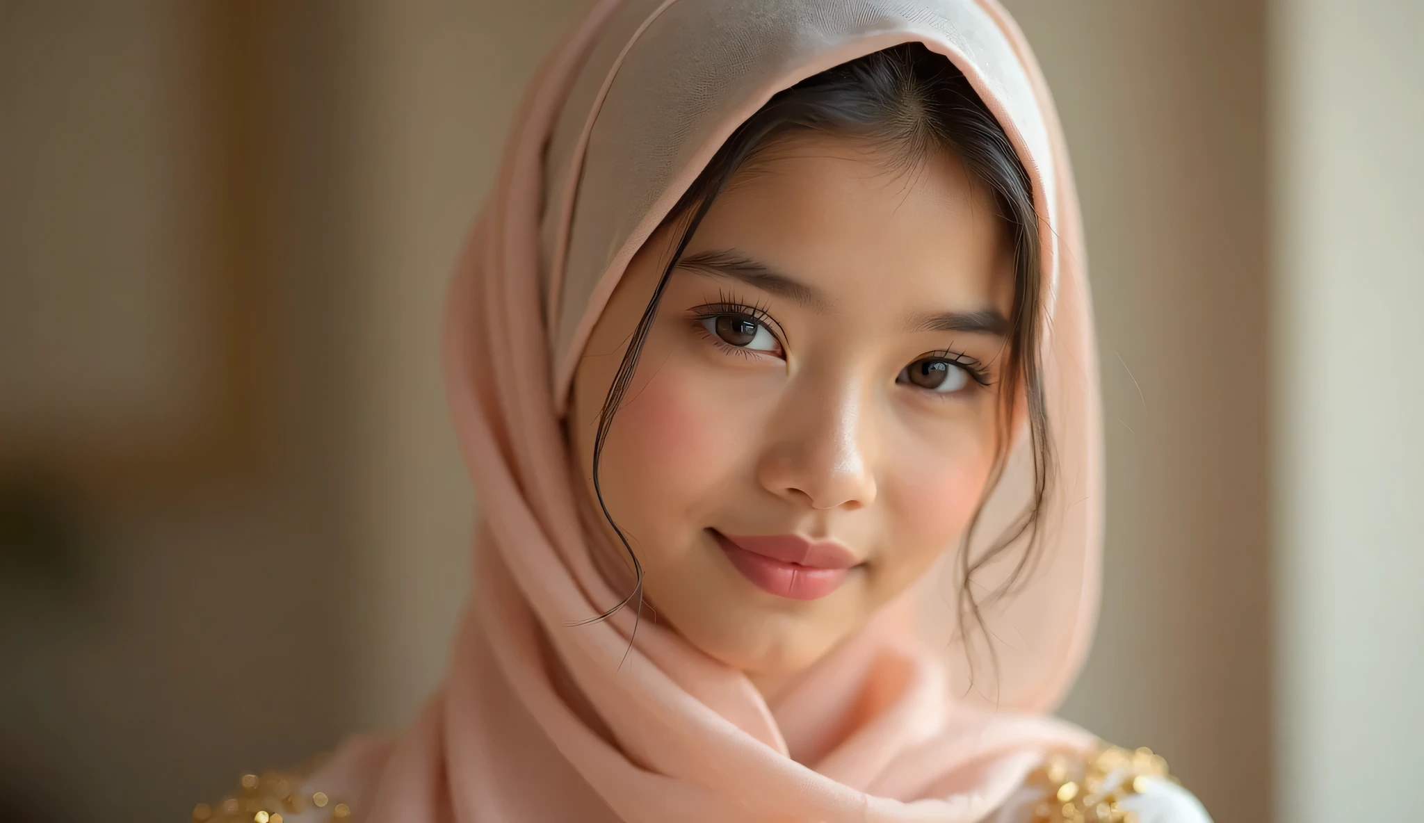 1 javanese girl , modern plain hijab, shy, medium portrait shot , wet , glowing particles, wear pastel lingerie,  light bokeh background, proportional body,