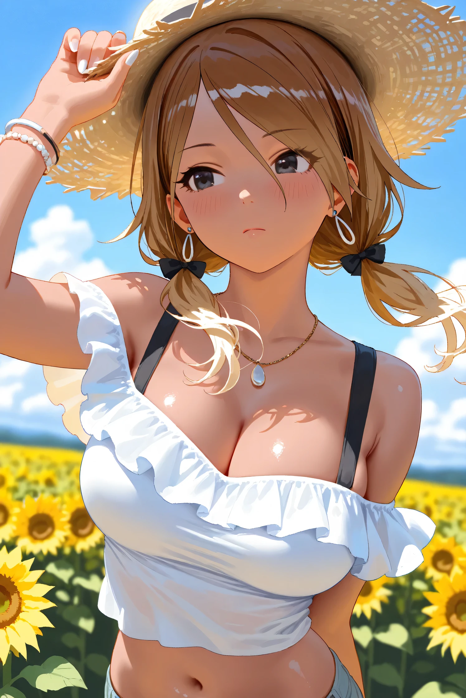 absurderes, ultra-detailliert,bright colour, extremely beautiful detailed anime face and eyes, view straight on, ;D, shiny_skin,25 years old, ,、Short hair, , asymmetrical bangs, Blonde hair with short twin tails, Shiny hair, Delicate beautiful face, red blush、(Deep Blue Eyes:1.3)、early evening、Lots of rice fields, lots of fields、Big sunset、Orange view、Small necklace、Completely naked

