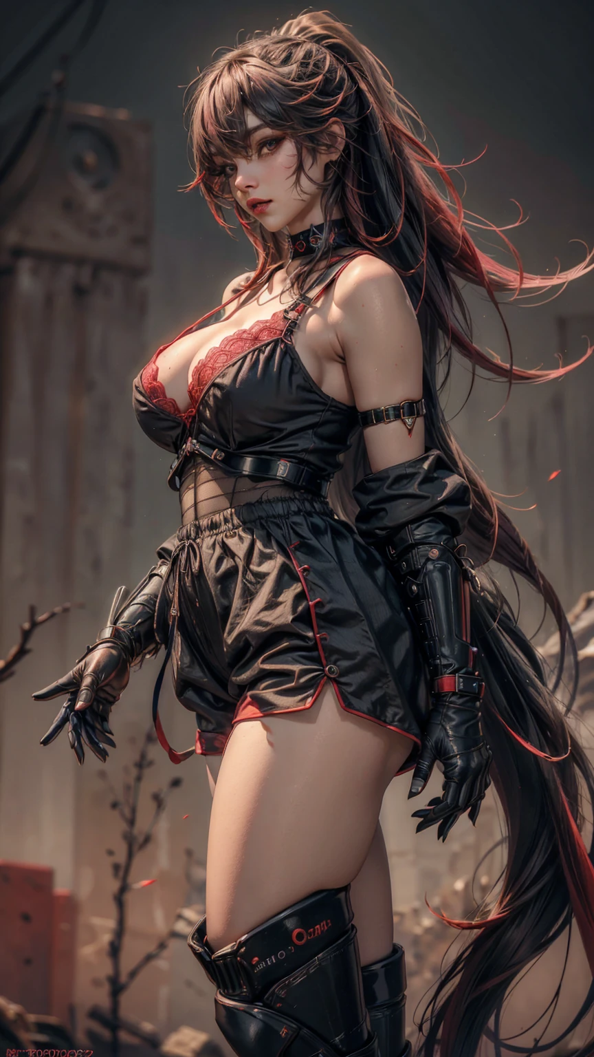 8k, 。...................................3D, realista, Ultra Micro Photography, of the highest quality, Super detalle CG Unity 8k,Cara perfecta, belleza, hermosa figura, pose orgullosa, Elesis Elsword online, swordswoman, Cabello largo, Pelo rojo, armadura ligera, falda, Medias negras con cordones, (vestido rojo y blanco:1.4), Caballerosa, Vestimenta de caballero, capa blanca, placa pectoral, placa del brazo,hermosa ,(Apocalyptic city destroyed:1.4), (manos:1.4).fuego realista:1.4