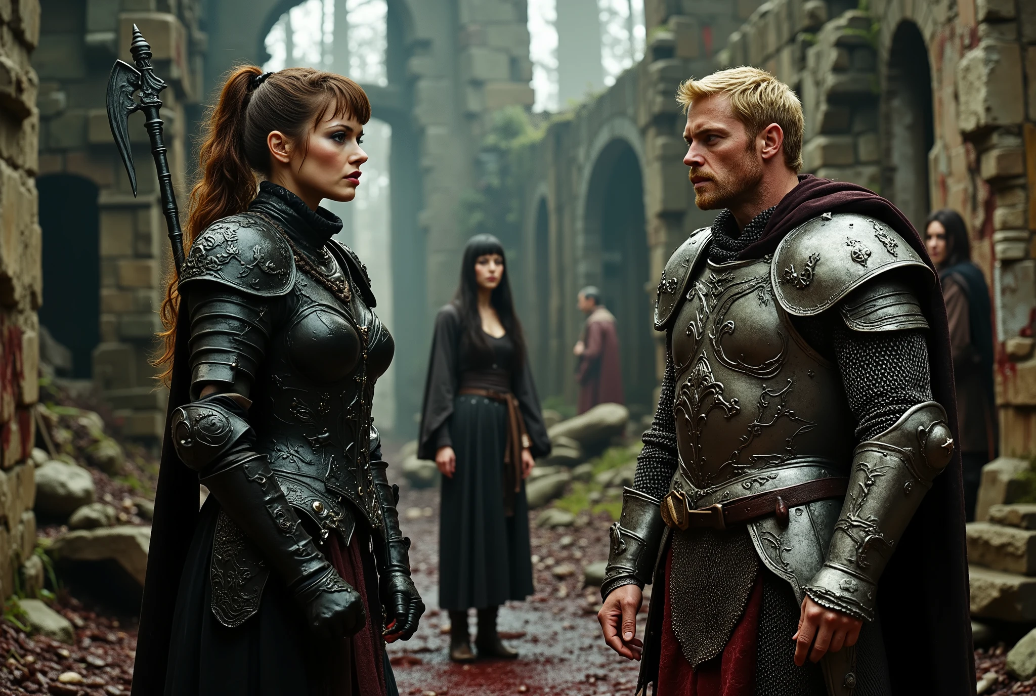 A photograph of a tall woman in intricately etched full-plate ebony armour, wielding a black glaive. She appears unkempt, with long brown hair tied in a ponytail, fair skin, and light green eyes. She is in a heated argument with an angry, muscular blonde man clad in silver chainmail, equipped with a sheathed sword and shield. A female observer, dressed in dark velvet robes, has a pale complexion and long black hair, and she looks on with concern at the argument. In the background, a male ranger and a male soldier stand amidst a blood-soaked forest glade and ancient ruins. The blonde man gestures toward the doorway of the ruins. The atmosphere is unsettling, liminal, and violent, imbued with a sense of despair. It conveys a highly detailed, dystopian, and oppressive ambience of decay.