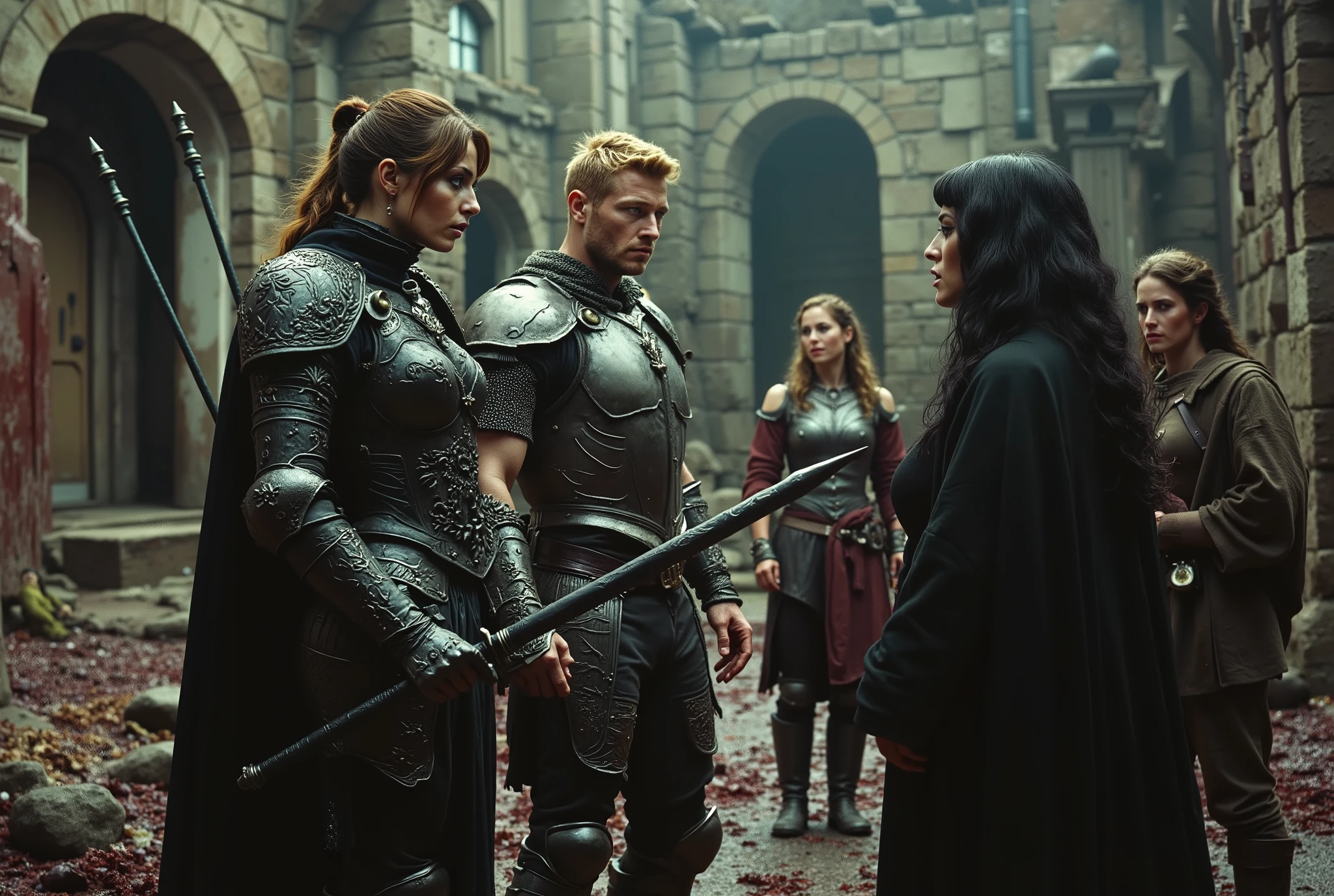A photograph of a tall woman in intricately etched full-plate ebony armour, wielding a black glaive. She appears unkempt, with long brown hair tied in a ponytail, fair skin, and light green eyes. She is in a heated argument with an angry, muscular blonde man clad in silver chainmail, equipped with a sheathed sword and shield. A female observer, dressed in dark velvet robes, has a pale complexion and long black hair, and she looks on with concern at the argument. In the background, a male ranger and a male soldier stand amidst a blood-soaked forest glade and ancient ruins. The blonde man gestures toward the doorway of the ruins. The atmosphere is unsettling, liminal, and violent, imbued with a sense of despair. It conveys a highly detailed, dystopian, and oppressive ambience of decay.