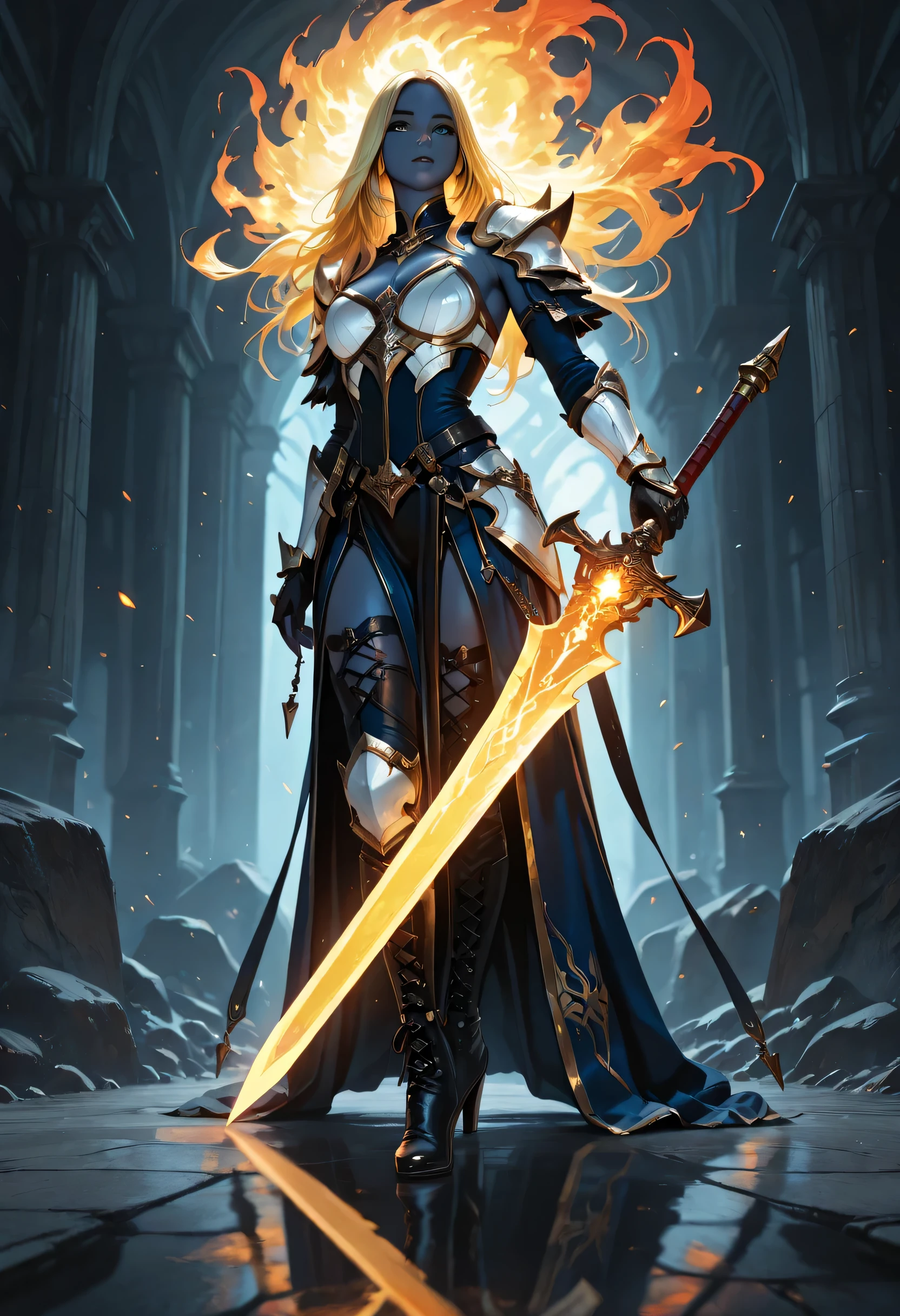 portrait of a female cleric ((dark blue skin: 1.5)), intense details facial details, exquisite beauty, cleric, (dark blue skin: 1.5)) female, ((yellow hair: 1.5)), long hair, (((no ears: 1.5))), (green eyes: 1.3), armed with a fiery sword red fire, wearing (twilight priestly combat vestments: 1.5), wearing white armor, wearing high heeled laced boots, wearing white armor, wearing an (orange cloak:1.3), wearing glowing holy symbol, fantasy art, dnd art, RPG art, wide shot, (masterpiece: 1.4) intense details, highly detailed, photorealistic, best quality, highres, within fantasy temple background, reflection light, high details, best quality, 16k, [ultra detailed], masterpiece, best quality, (extremely detailed), close up, ultra wide shot, photorealistic, RAW, fantasy art, dnd art, fantasy art, realistic art,((best quality)), ((masterpiece)), (detailed), perfect face, strapless, lace up stiletto, lace up stilettos, fantasy, Cinematic Shot, dvr-hgh-fnt, d4f4b