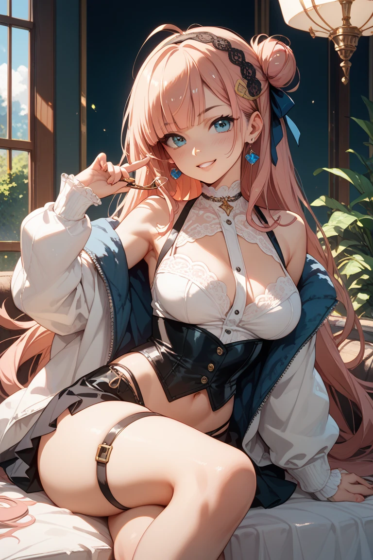 debris flies, highest quality, Highly detailed CG Unity 8K wallpaper, sexy witch , long dark blonde wavy hair、off shoulder knit, dark blue pleated skirt, stockings、medium breasts, saggy breasts, Pose that emphasizes the chest, blush, shy smile, bare shoulders, (pink lace panties、pink good、open your legs wide）、、nice magic book、Cathedral of the Church、Put your hand on the pillar and turn around、stick out your butt、、