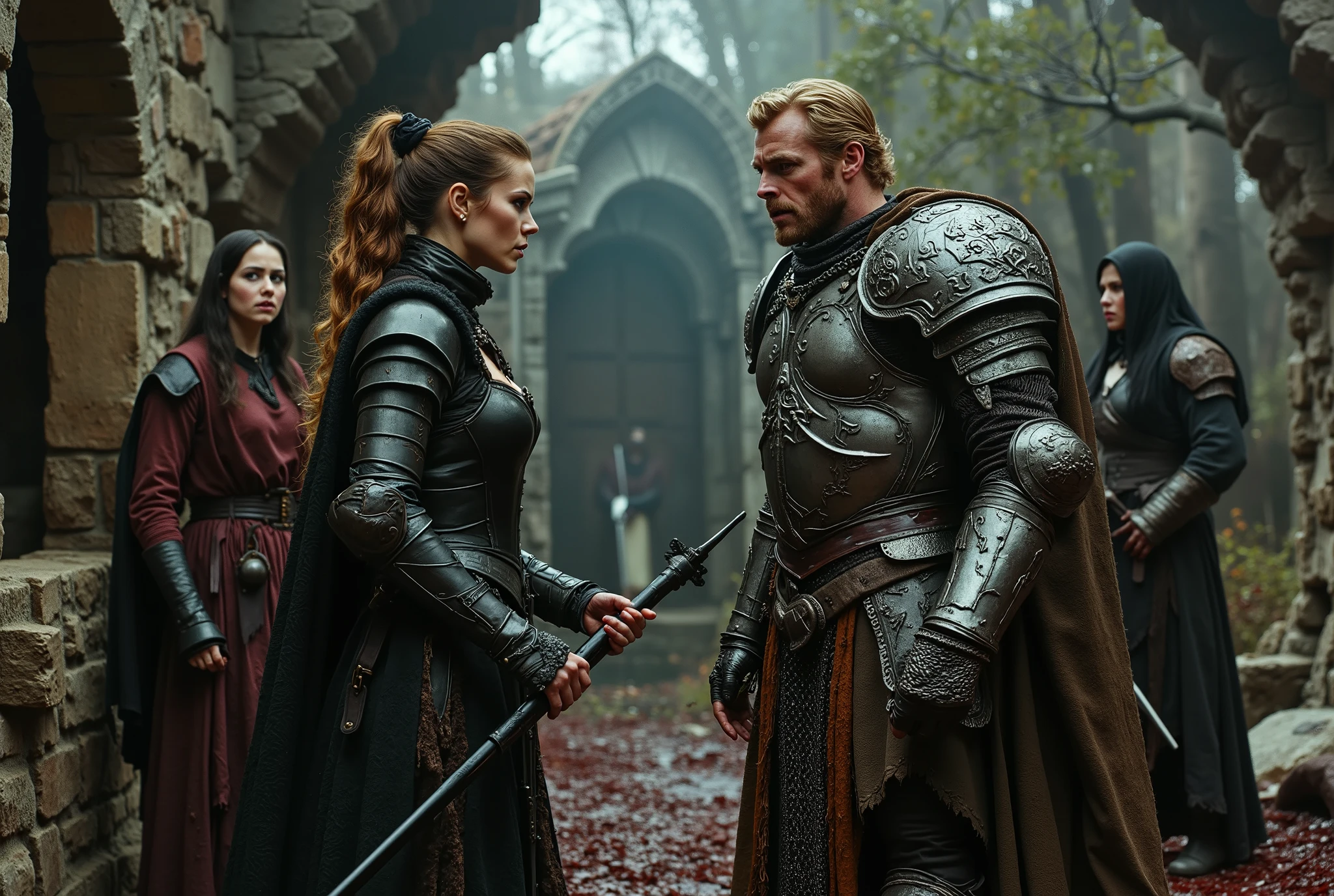 A photograph of a tall woman in intricately etched full-plate ebony armour, wielding a black glaive. She appears unkempt, with long brown hair tied in a ponytail, fair skin, and light green eyes. She is in a heated argument with an angry, muscular blonde man clad in silver chainmail, equipped with a sheathed sword and shield. A female observer, dressed in dark velvet robes, has a pale complexion and long black hair, and she looks on with concern at the argument. In the background, a male ranger and a male soldier stand amidst a blood-soaked forest glade and ancient ruins. The blonde man gestures toward the doorway of the ruins. The atmosphere is unsettling, liminal, and violent, imbued with a sense of despair. It conveys a highly detailed, dystopian, and oppressive ambience of decay.