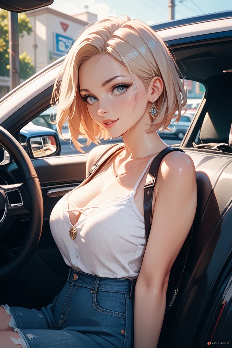 (lifelike, high - resolution:1.3), 1 girl with a perfect body,slender body, Super fine face and eyes,boho bob hair,blonde hair, Tank top of random colors:1.2, short jeans,Expose cleavage