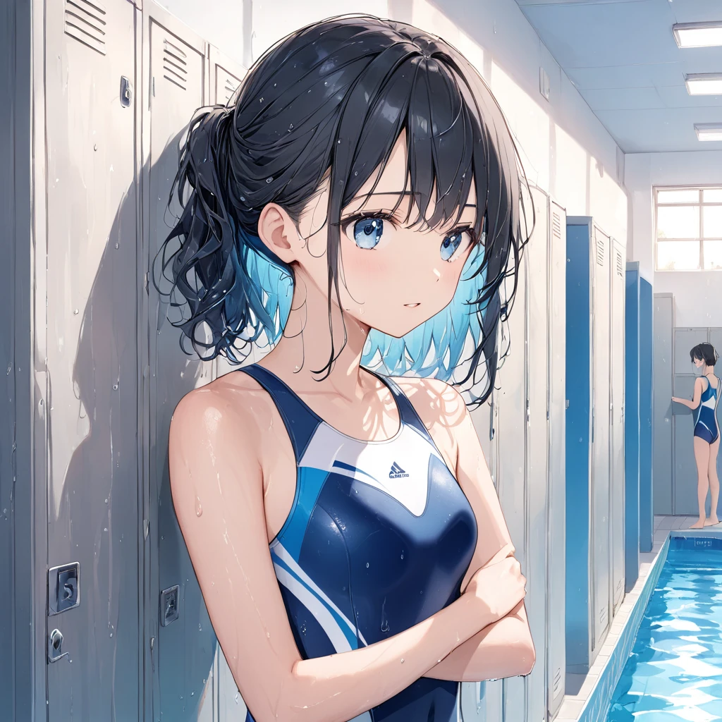 High quality、highest quality、complete limbs、Ultra high definition、Sparkling eyes、full finger、slender beauty、Group of 3、Wearing a school swimsuit、shiny skin
