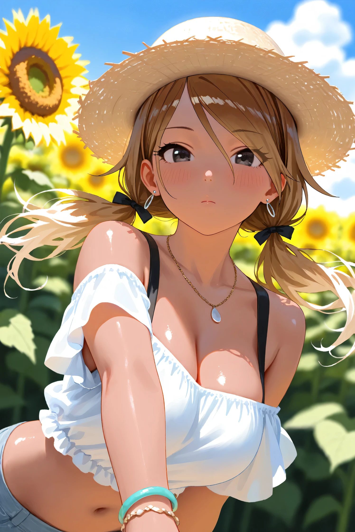 1 girl, upper body, single focus, youthful charm, daisy-adorned attire, sunflower-like smile, (wildflower meadow: 1.4), (sunshine and blooms: 1.3), freckled cheeks, cheerful aura, [depth of field, ambient lighting, wildflower foreground, sunny meadow background], blooming daisies, warm sunshine, dancing petals, (sunlit grove), (butterfly: 1.2), intricate floral details, enhanced lighting.