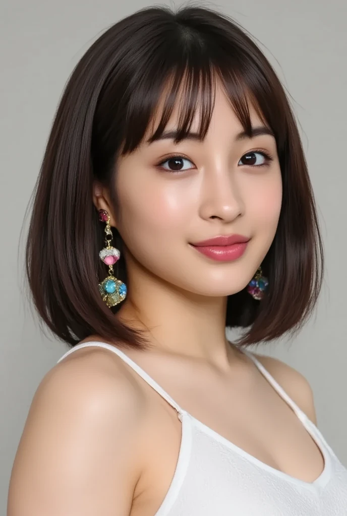 highest quality,8k, detailed facial depiction, Detailed description of the eyes, black hair(wavy shoulder-length hair),beautiful japanese girl, 21 years old, take off underwear, bare chest, Because I&#39;m slender, medium chest size, sit with legs apart, smile, Colorful earrings, necklace, Mole on the mouth,whole body、back view