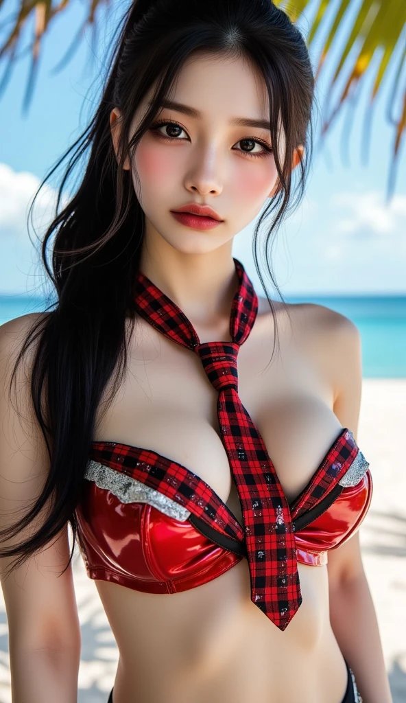 fille de 21 ans, green hair, red background,, huge thighs, Huge tits