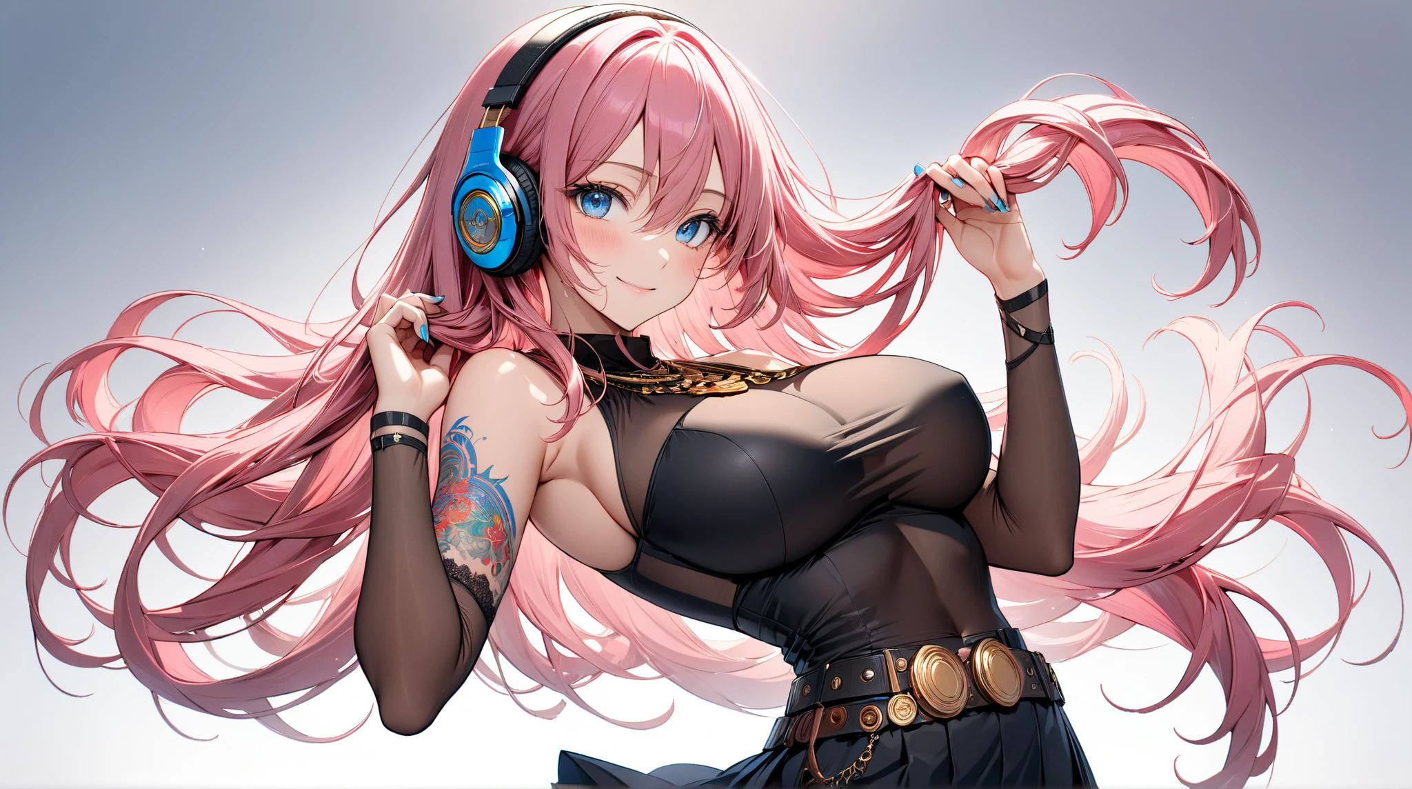 masterpiece, best quality, best quality, masterpiece, highres, focus, anime style, a closeup of a cartoon of a woman, girl design, portrait, giesha, anime image, long hair, red hair, heterochromia eyes, hair covering ears, horny and shy look, giantess, super tight bikini top bra ,pink gloves, mechanic, belt around waist,  exposed vagina, round thick giant breasts, giant tits, one hand on nipple, erect nipple