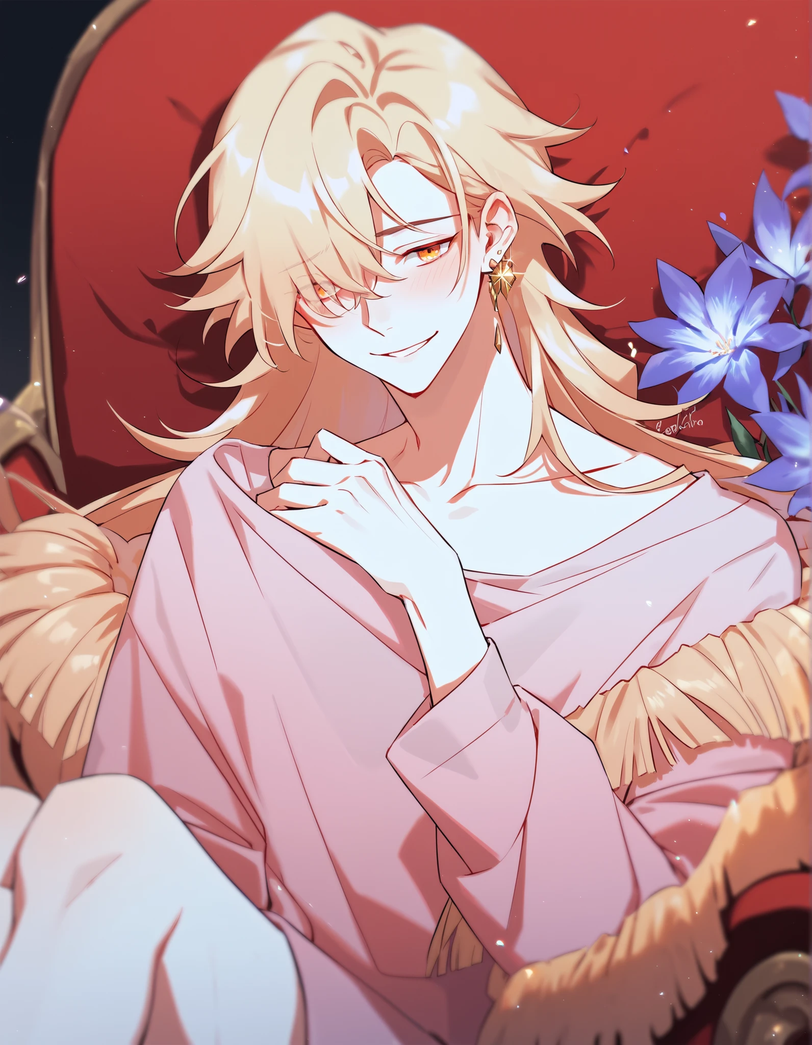 A young man, he has opal-orange eyes, very light and pale skin, he has golden blond hair, medium hair, with a smooth fringe that almost covers his eyes, his appearance is light feminine, he wears a simple pastel pink shirt, together with a red jacket, he wears a single orange earring only on his left ear, he is giving a shy smile, while trying to hide his face with one hand. Her hair is straight and long, cut in wolf cut. Her bangs are long and droopy over the eyes, he's sitting in an armchair, holding a crystal flower. (Long hair fringe covering the eyes slightly)