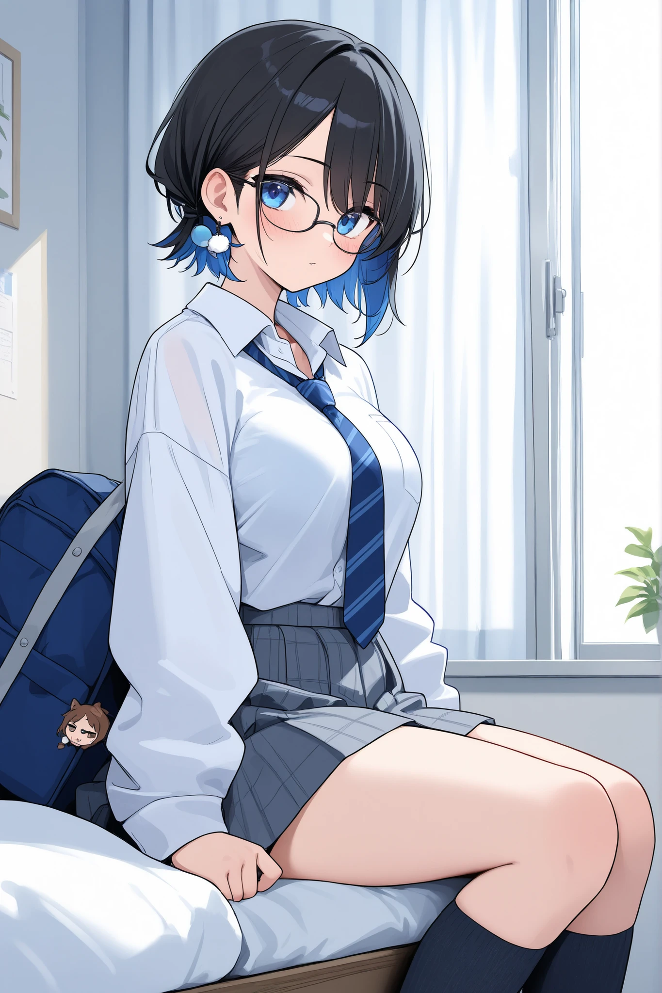 Purple hair, gray eyes, white , navy blue miniskirt, 11 years old, short, short long hair, kind expression, shy, backpack, almost no breasts, slightly exposed. hair,(flipped hair ), flipped hair, long sleeves, ahoge, girl alone, flipped hair, flipped hair, flipped hair, flipped hair, glasses with no edges, embarrassed, her bra is visible
