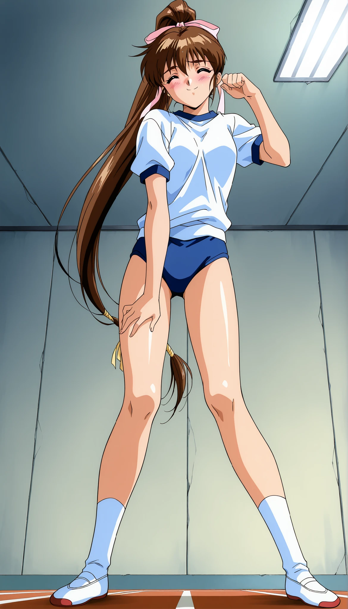 score_9, score_8_up , score_7_up , source_anime, best quality,1990s \(style\),anime coloring,BREAK,nsfw,Alone, one girl,AMATSU _AI, brown hair, ponytail, very long hair, ribbon, hair ribbon, hair bow, bangs, close eyes, high ponytail, small breasts,BREAK, (buruma),BREAK, (shy:1.1),(blush), (smile),standing, ( sexy pose), ( Sports), BREAK,(full body),from forward,from below,focus crotch