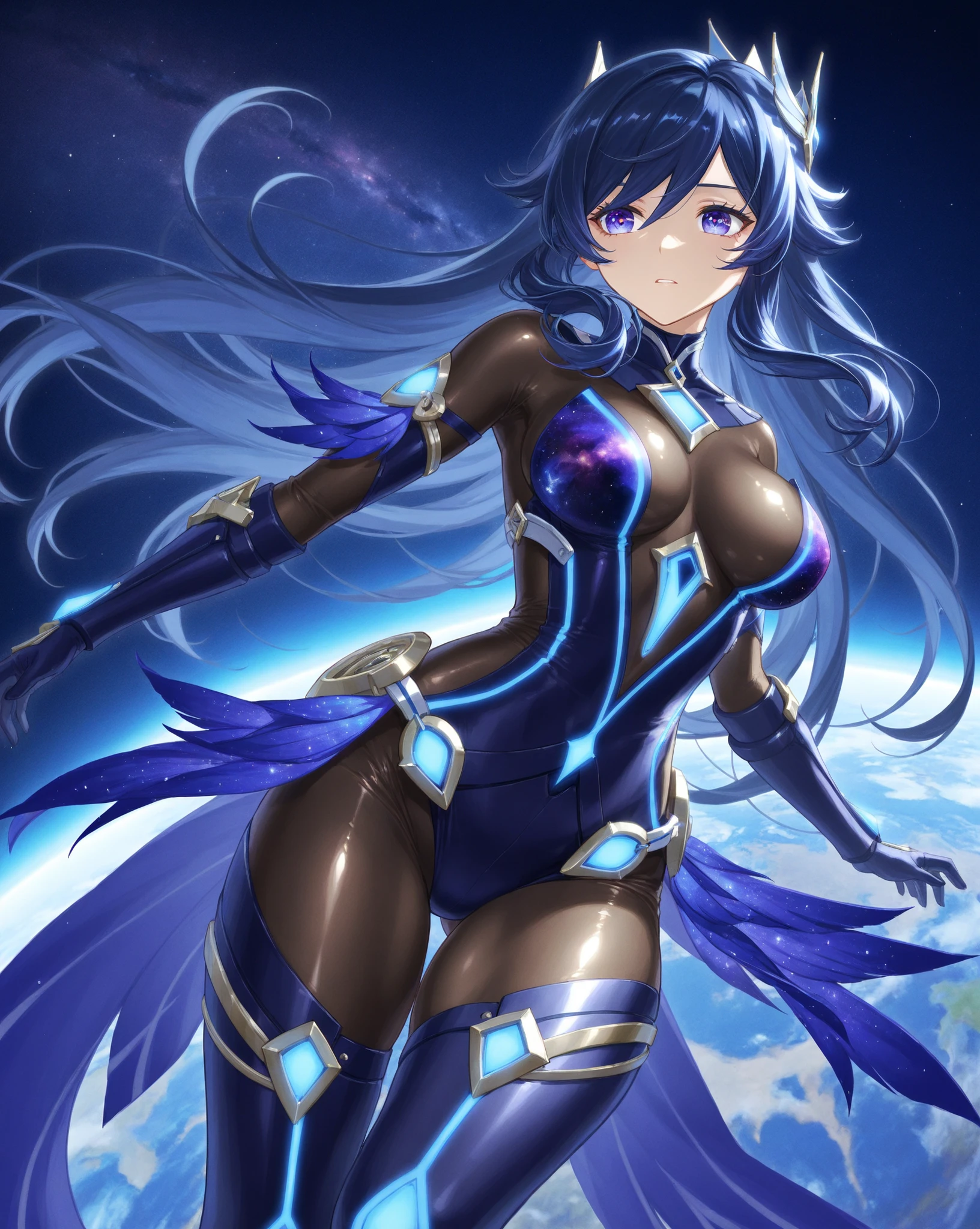 , masterpiece, high quality, extremely detailed, 1girl, solo, marianne fe, short blue hair, golden eyes, medium breasts, zero suit, blue gloves, high heels, light smile, standing, holding a blaster, smile, blush, cowboy shot, outer space, space environment, outer space background
