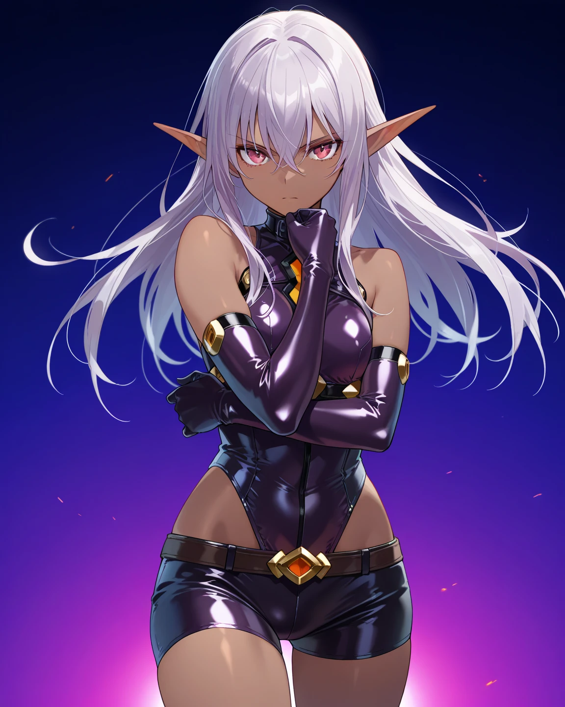 cute elf girl，long eyes, (purple eyes:1.4), ((long hair with gray hair:1.3)), braided hairstyles, (dark brown skin:1.3), E-cup glossy breasts, thin waist, big and firm buttocks，Ultra HD with attention to detail，Professional lighting and lighting。tall and tall，sexy clothes，stockings，Delicate earrings，delicate necklace，Wind，bright scene，More refined facial features，bright eyes，light smile，anaglyph，tachi-e，atmospheric perspective，High-definition backlight，chiaroscuro，full bloom，Trajectory of rays，Perspective Top-Down，Super detailed、acura、best quality people、Textured epidermis、anatomically correct