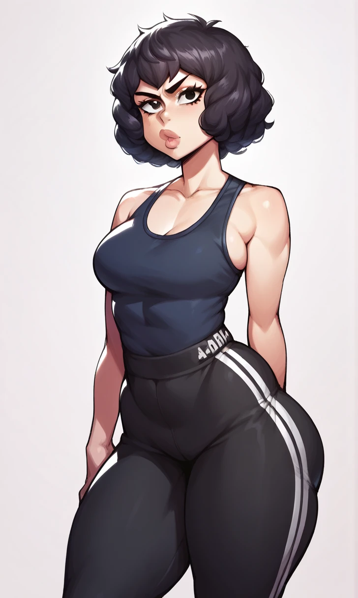 A girl, Latina, slightly dark skin, short hair, wavy hair with volume, black hair, big eyes, brown eyes, massive breasts, wide hips, fat hips, small waist, thick thighs, fat ass, black shirt, black top , sports pants, tight pants, black pants.