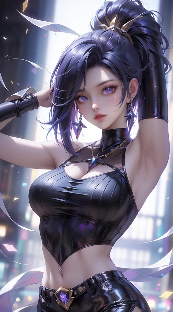 1girl, purple hair, dark green eyes, smile with teeth, shirtoff, tattoos, shiny eyes, character portrait, bare shoulders, crop top, choker, warm color palette, urban background, ultra detailed, best quality, masterpiece, (volumetric lighting, bright), painterly, 4k wallpaper, analog aesthetic, masterpiece, award-winning photography, macro photography, vivid colors, photorealistic, atmospheric, cinematic, moody, rule of thirds, majestic, detailed, perfect anatomy --auto --s2