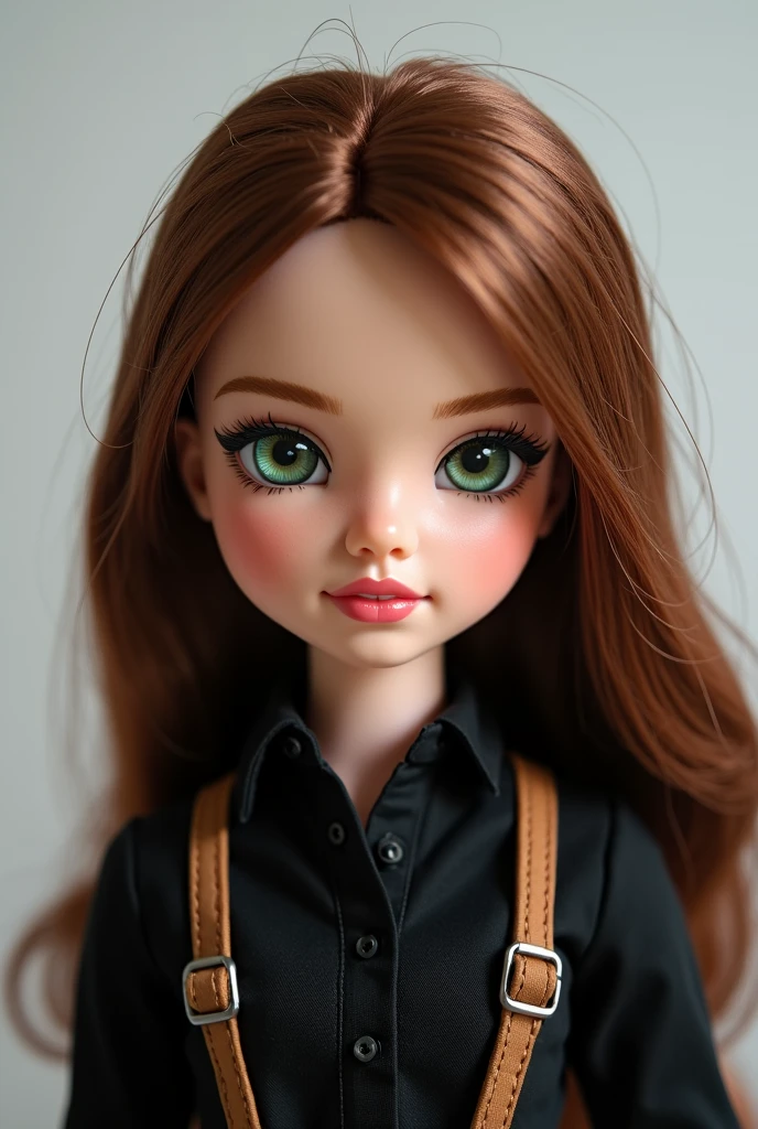 Create a Blythe doll with white skin, green eyes, long dark brown hair with thin gold frame glasses