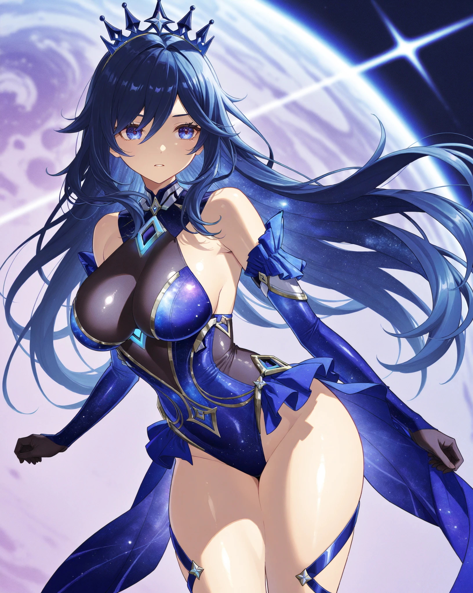 garota cabelo preto, mexas azul escuro, olhos grandes e detalhados, olhos bonitos, vestido de anime, guerreira, peitos grandes (highres, aberration Chromatic) peitos bonitos, rosto sedutor, sorrindo, garota piscando