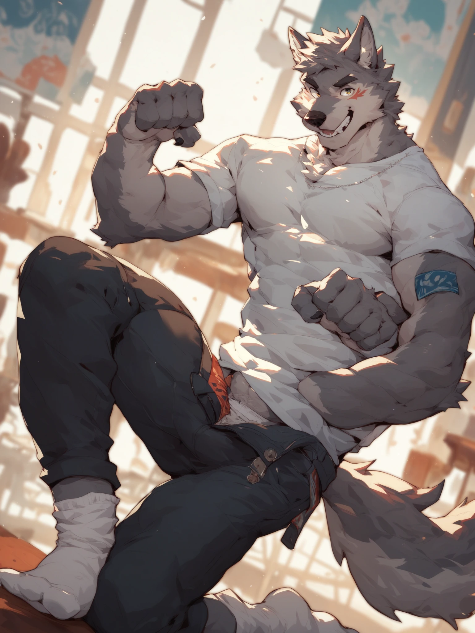 furry,male,werewolf,muscle,White hair,White body,Detailed clear red eyes,Fluffy long tail,Wearing an open white short-sleeved shirt,Khaki shorts,Wearing a bracelet on the wrist(Knots),slippers,hairy,Squat position,Chin on both hands,Smile,Eyes on view,Highest quality,masterpiece,Extreme details。artist:Michael & Inessa Garmash,Ruan Jia,Pino Daeni,chunie,darkgem,anthro,Personalami