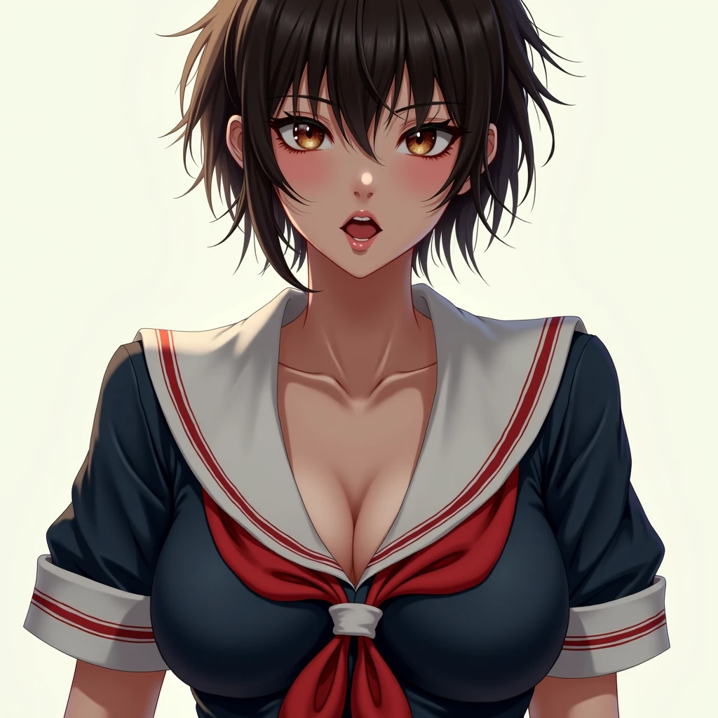 ((masterpiece,Highest quality,8K,Ultra-high resolution)),appropriate margins,Emphasize the face,BREAK,1 person,Very beautiful adult woman,is an adult,Slim body,Very large breasts,Bust 120,Upturned chest,BREAK,Dark brown hair,Black eyes,light in your eyes,Embarrassed,Shy glare,short hair,Wearing hair in one ear,unkempt,Upper eyelash mascara,BREAK,(school uniform,Summer clothes)