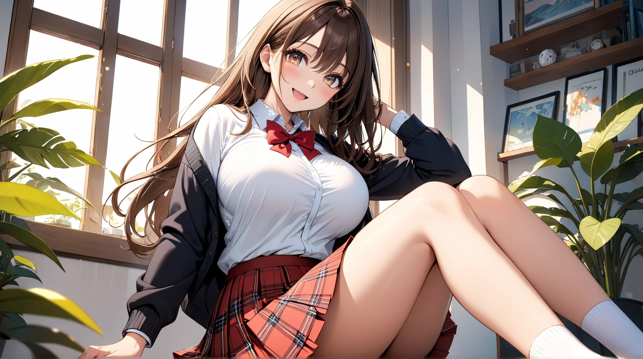 (table top, highest quality, High resolution, , perfect pixel, 4k,), 1 girl, single, alone, Beautiful woman、I could see the whole body、 ((wavy middle hair, bangs, brown hair)), ((brown eyes, beautiful eyelashes, realistic eyes)), ((detailed face, blush:1.2)), ((smooth texture:0.75, realistic texture:0.65, realistic:1.1, Anime CG style)), medium breasts, dynamic angle, perfect body, ((red bow tie, school uniform, black jacket, open jacket,cardigan, white shirt, black skirt, shirt unbuttoned、plaid skirt)), upper grade、shy smile、school classroom、evening、sit at desk、(open your legs、get down on one knee、、pink floral lace panties)、