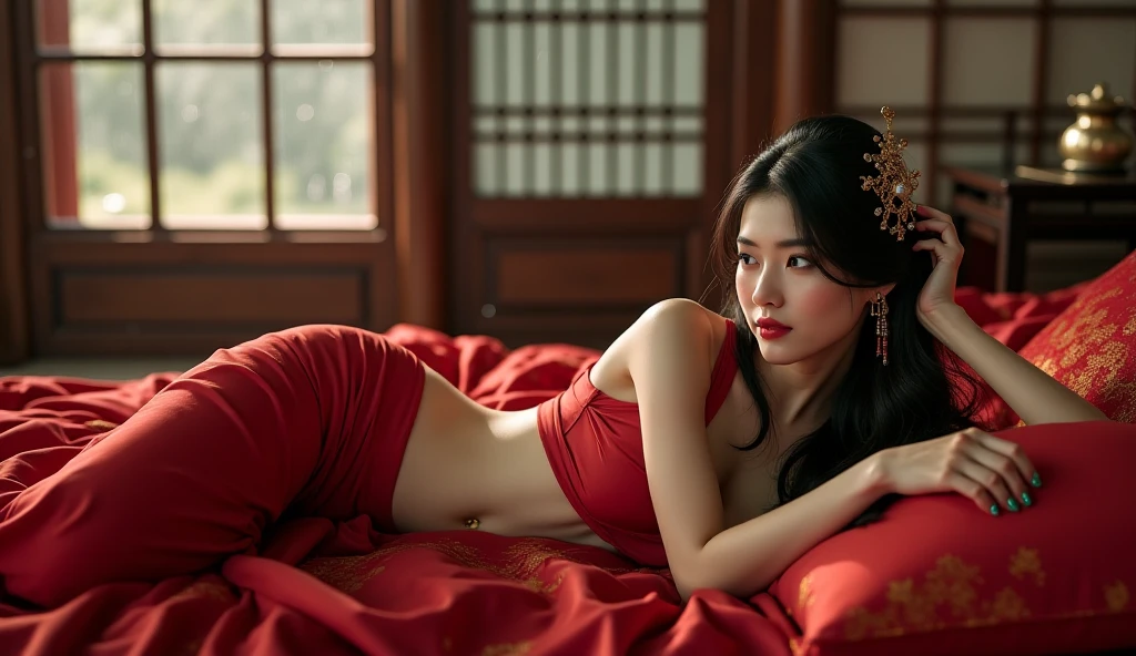 score_9, score_8_up, score_7_up, 1girl, magnificent body, flawless skin, grand setting, oriental princess in her palace Padishah, just had passionate coitus, she is beautiful and very hot, she exudes desire, she caresses herself, opens her vagina with her fingers, solo