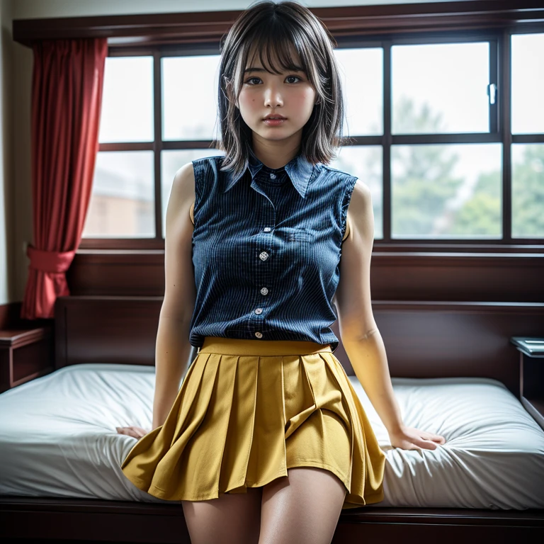(8K、Raw photography、top-quality、masterpiece:1.2)、(realisitic、Photorealsitic:1.37)、ultra-detailliert、超A high resolution、Girl 18 years old、see the beholder、beautifull detailed face、Bright smile、Constriction、(Slim waist) :1.3)、Beautiful detailed skin、Skin Texture、Professional Lighting、beutiful breast、Beautiful valley、Sitting on a bench、((Coordinates、burberry shorts、knee high))Long straight hair with a silky shine、((inside in room、dress room、Locker background))