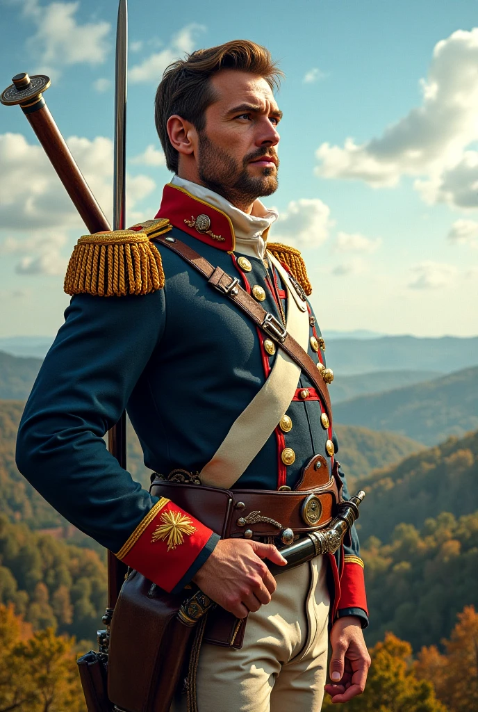 super primer plano, personaje con Uniforme militar napolieonico antiguo, real, fotografia artistica, primer plano, Suave, ultra-high def, 8k, Ultra Sharp Focus, Obra maestra de arte intrincada, Traje fluido, Altamente detallado, Vibrante, production cinematic character render, Modelo de ultra alta calidad --auto