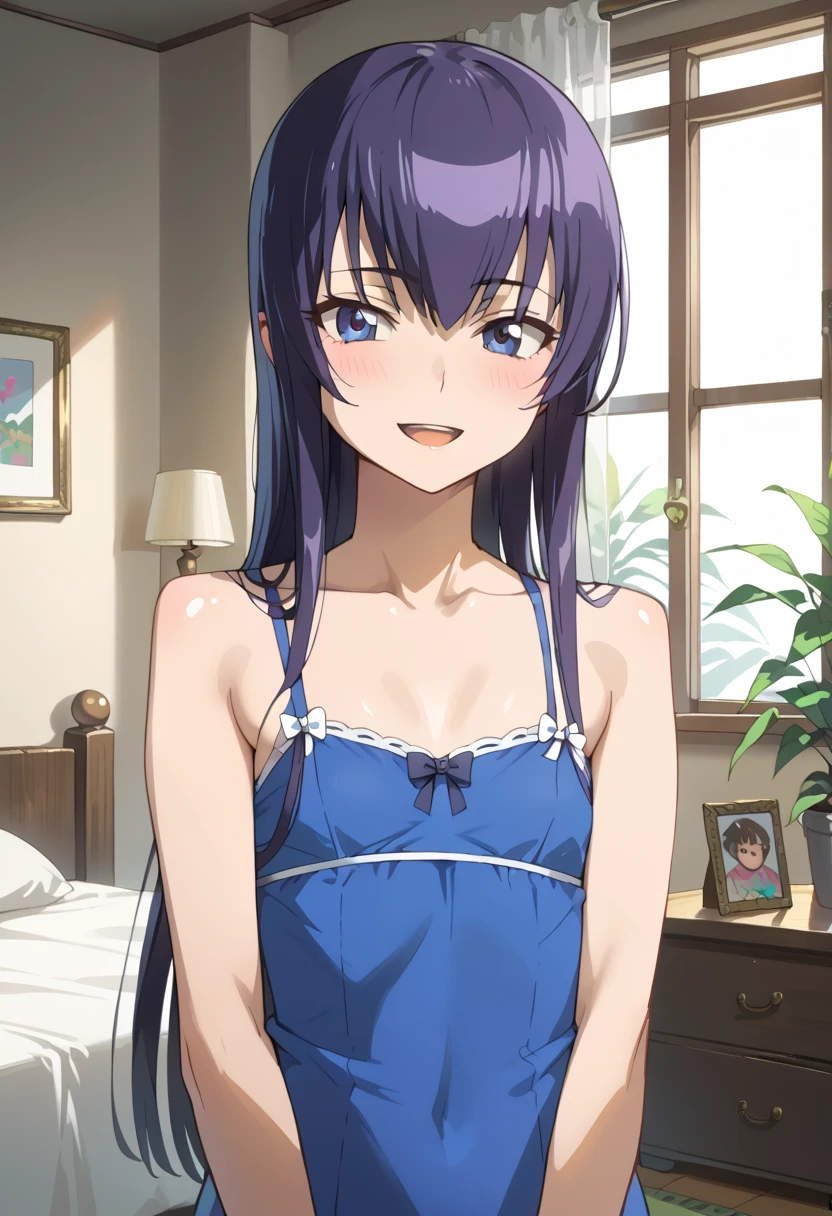 ((Best Quality)), ((masterpiece)), (be familiar with), perfect face, indoor, bedroom, watching viewers,
One woman, Saeko Tokushima,
open mouth, ecstatic expression, blush, smile,
small , flat chest, Young girl, lori, ren, girl,
long hair, long hair,
opening,