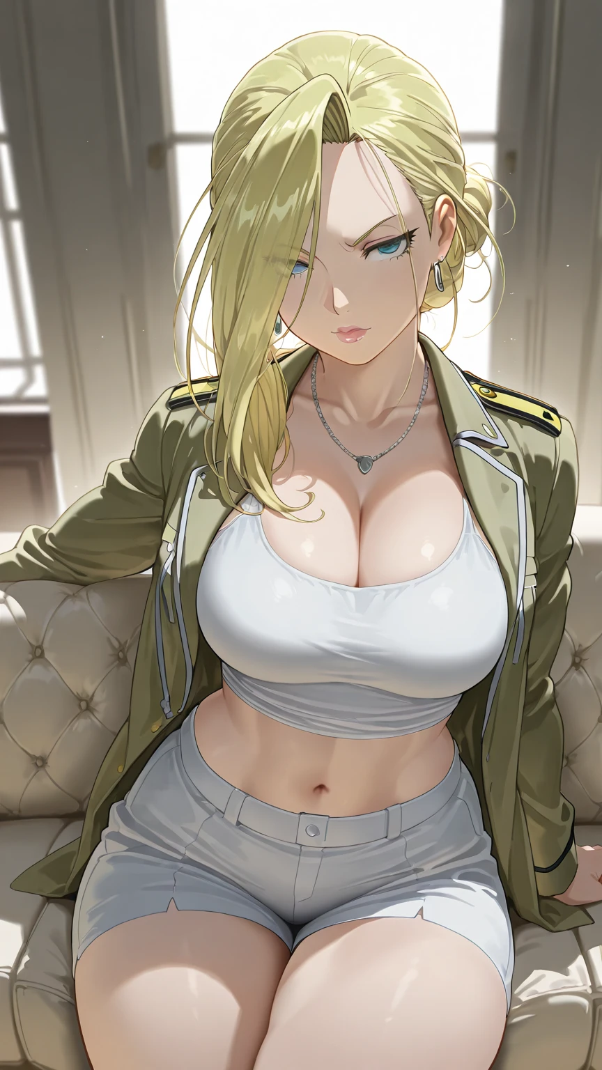 Masterpiece,Highest quality,8k,Ultra-high resolution,appropriate margins,lighting,BREAK,1 person,Very beautiful adult woman,Slim body,Very ample large breasts,Deep cleavage,Moisturized Skin,BREAK,Golden Hair,mascara,Red eyeliner,Light pink lip,Thin teak,Thick upper eyelashes,Thin eyebrows,BREAK,Black eyes,BREAK,Cute expression,BREAK,Long Hair,Straight Hair,hairpin,BREAK,(White bandeau top bikini),(Denim shorts),(Dark green military jacket),(Black tights),BREAK,Eye contact