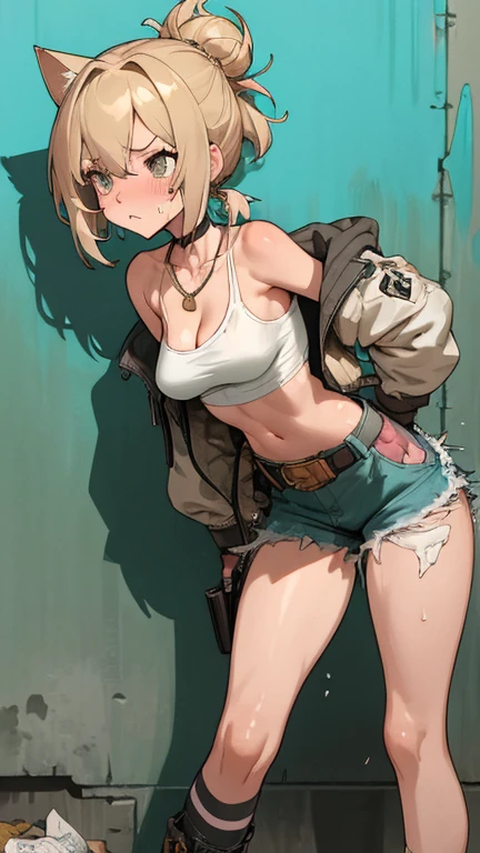 8K,Ultra Detail,ultra-quality,ultra precision,ultimate masutepiece,loli Girl(short stature)(He holds a paint spray can in his right hand.),big boobs,big Thigh,tube top,short pants(material jeans),twin tail,cool Graffiti on the wall,