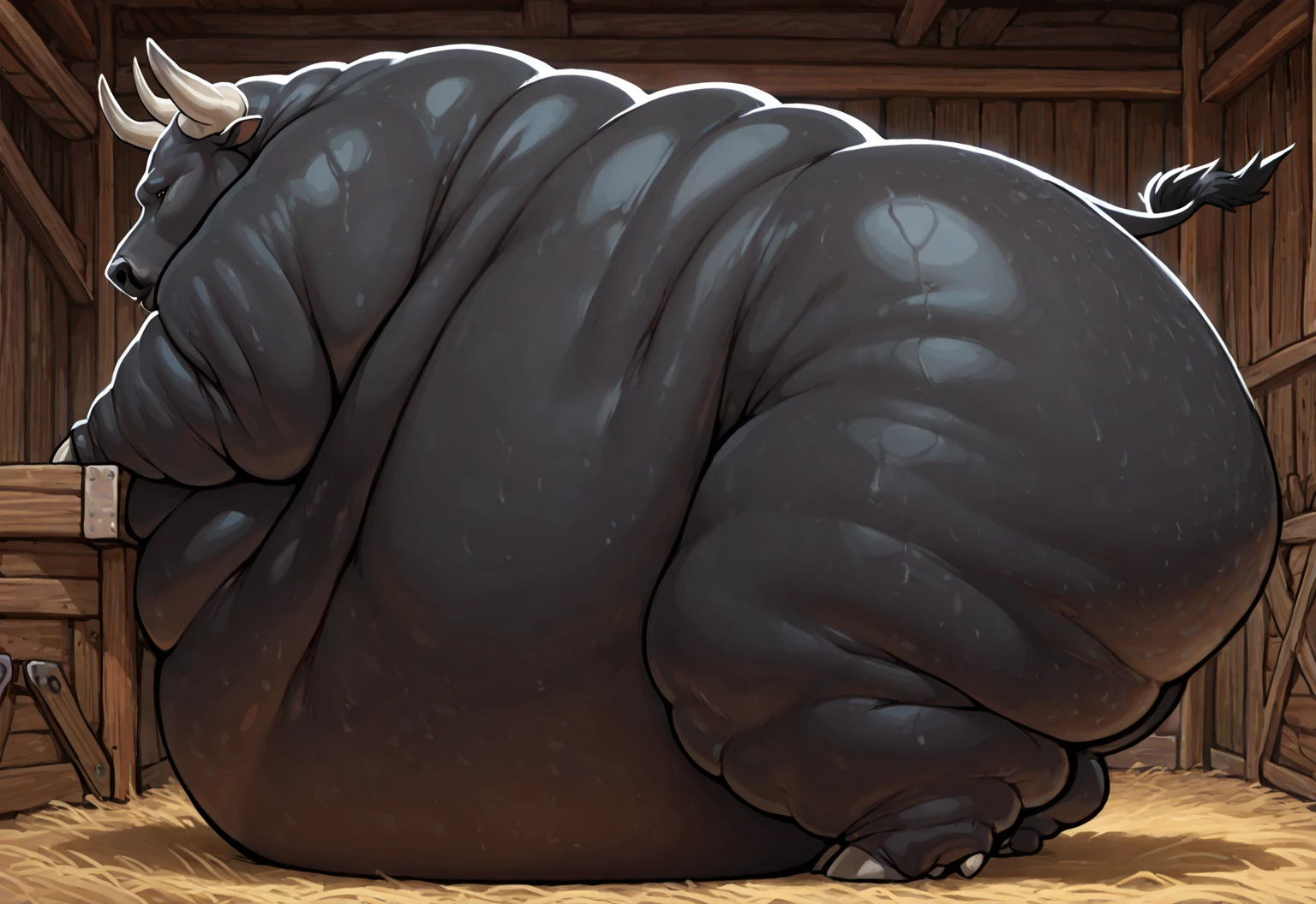 Wolf, female, long hair, morbidly obese,fat arms, fat legs, belly rolls