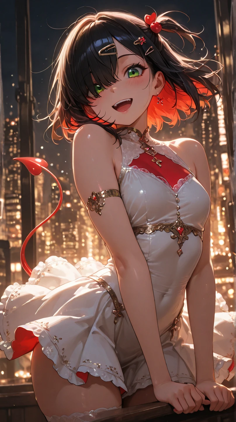 best quality, masterpiece, ultra detailed, 1girl, animal collar, animal ears, bangs, bare shoulders, red rose, blush, breasts, camellia, city lights, cityscape, cleavage, cuffs, dog ears, dog girl, nightgown, negligee, eyebrows visible through hair, flower, flower ornament, hair between eyes, hair flower, hair ornament, handcuffs, large breasts, leash, looking at viewer, moon, night, night sky, smile, pink flower, pink rose, purple rose, rain, red eyes, red flower, red nails, red rose, rose, rose petals, rose print, shackles, shooting star, sky, solo, spider lily, star \(sky\), starry sky, thighhighs, thorns, vase, window, <lora:add_detail:0.5> <lora:MasterpiaceSTYLEv3:0.7>