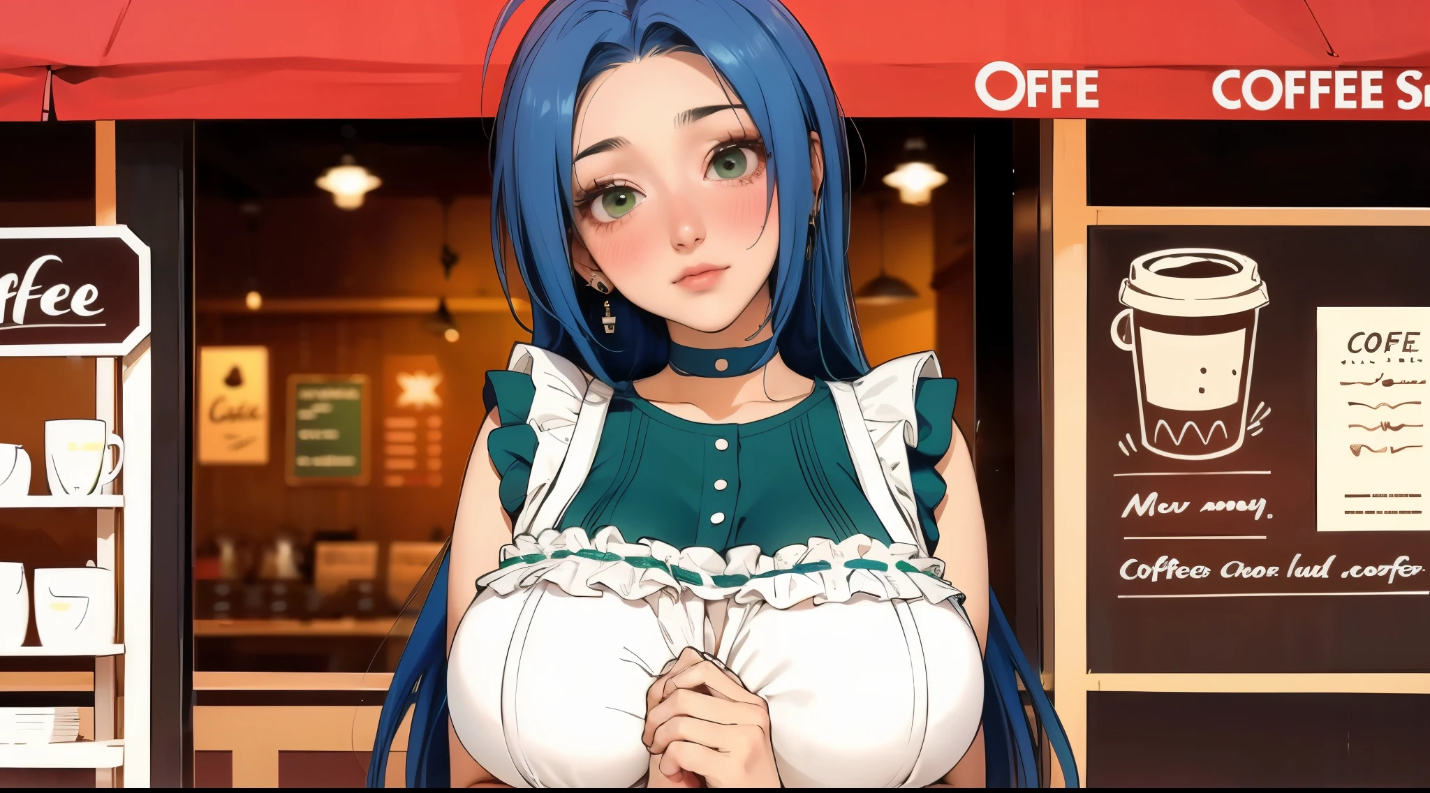 girl, holding own hand, head tilt, sleeveless green top, frills-trim, white apron, (gigantic breasts:1.4), long hair, blue hair, middle-parted bangs, shy, nervous, (blushing), earrings, choker, coffee shop, modern coffee shop,