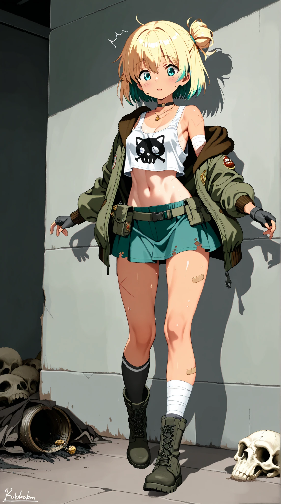 Une fille dans le style naruto. 
Elle porte un bandana qui couvre le dessus de sa tête, laissant voir ses cheveux longs et bruns.
Ses yeux sont noirs et elle a un trou visible dans l'un de ses sourcils.
Son visage est assez masculin. 
Son haut consiste en des bandages qui lui servent de brassière avec un kimono court qui s'arrête au niveau de sa taille et à manches courtes, ouvert.  Elle a une pointerine assez plate. 
Autour de sa taille, elle a une ceinture faite d'une grosse corde nouée qui laisse dépasser son pantalon au dessus avec des plis.
Elle porte un pantalon très large qui se resserre au niveau de la cheville et des tongs style japonais en bois.
Le résultat doit être vu de la tête au pied
