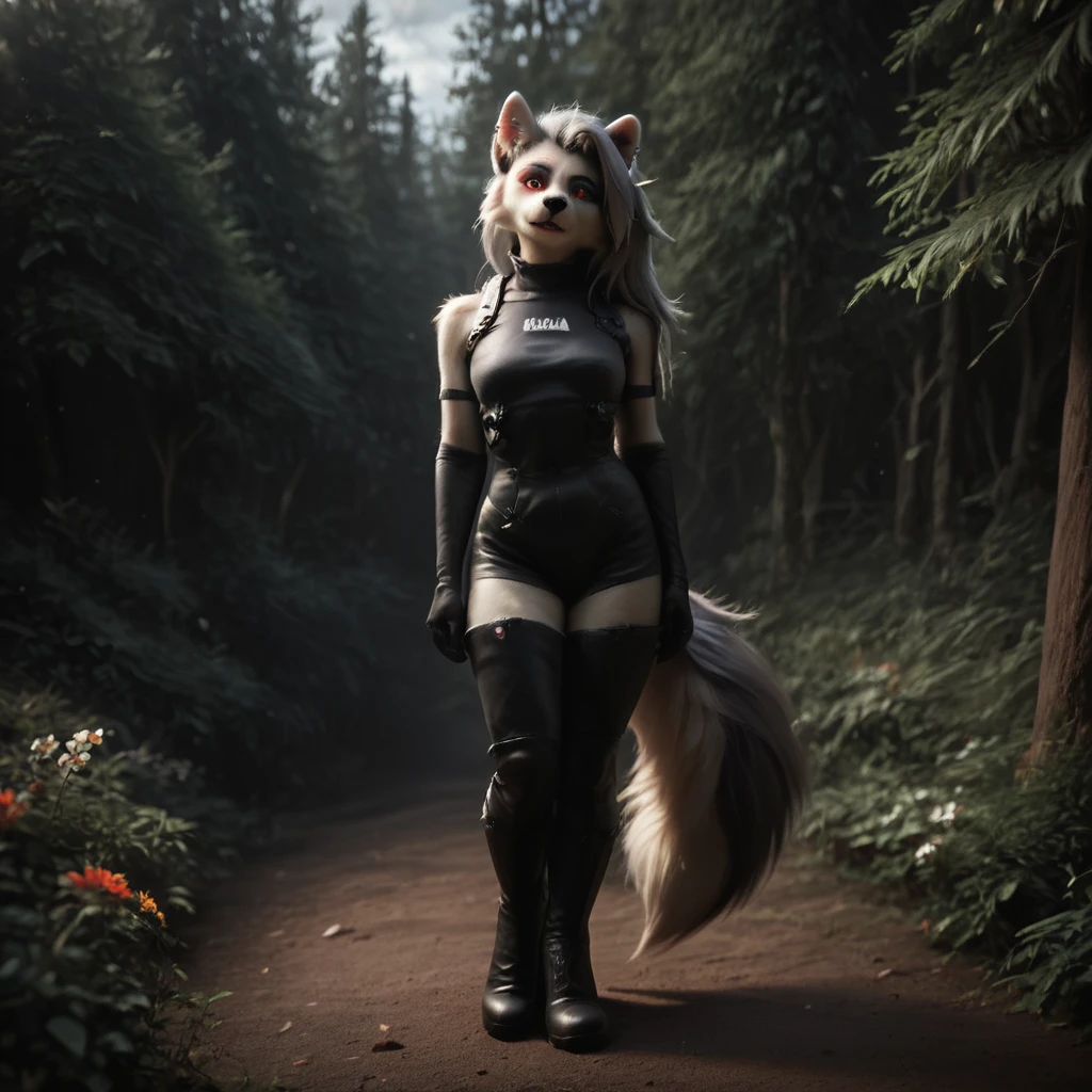 photo of (solo anthro (camelid:1.2) sitting on large rock wearing bdsm clothes on a warm autumn sunrise in the forest overlooking a beautiful valley :1.1),
BREAK
solo, anthro, mammal, female, big breasts, cleavage, clothed, smile,
curvy body, cloven hooves, tail,
(fur, fluffy, chest tuft, neck tuft,:1.1)
(leather jacket, crotchless leather pants, leather chest harness, ), blue eyes, smirk, looking at viewer, leather belts,
detailed background, outside, nature,