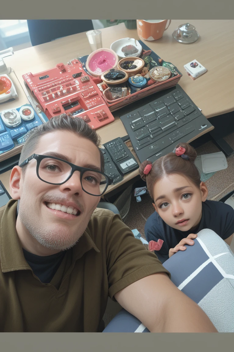 Pale skin ponytail hair Kurdish glasses teen talking with her father in room