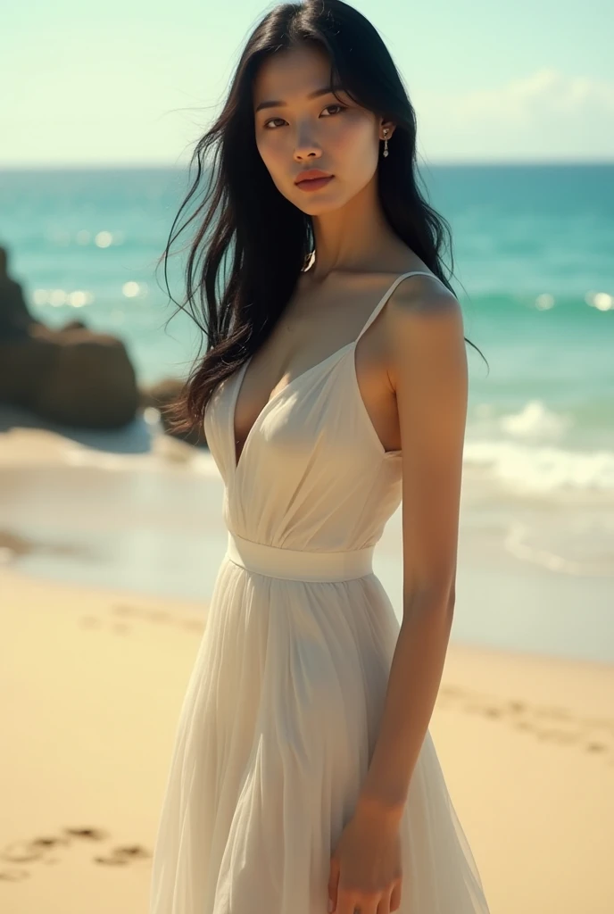 Korean woman with beautiful shape of rounded waist and perfect back on beach looking at camera、Black hair straight long hair