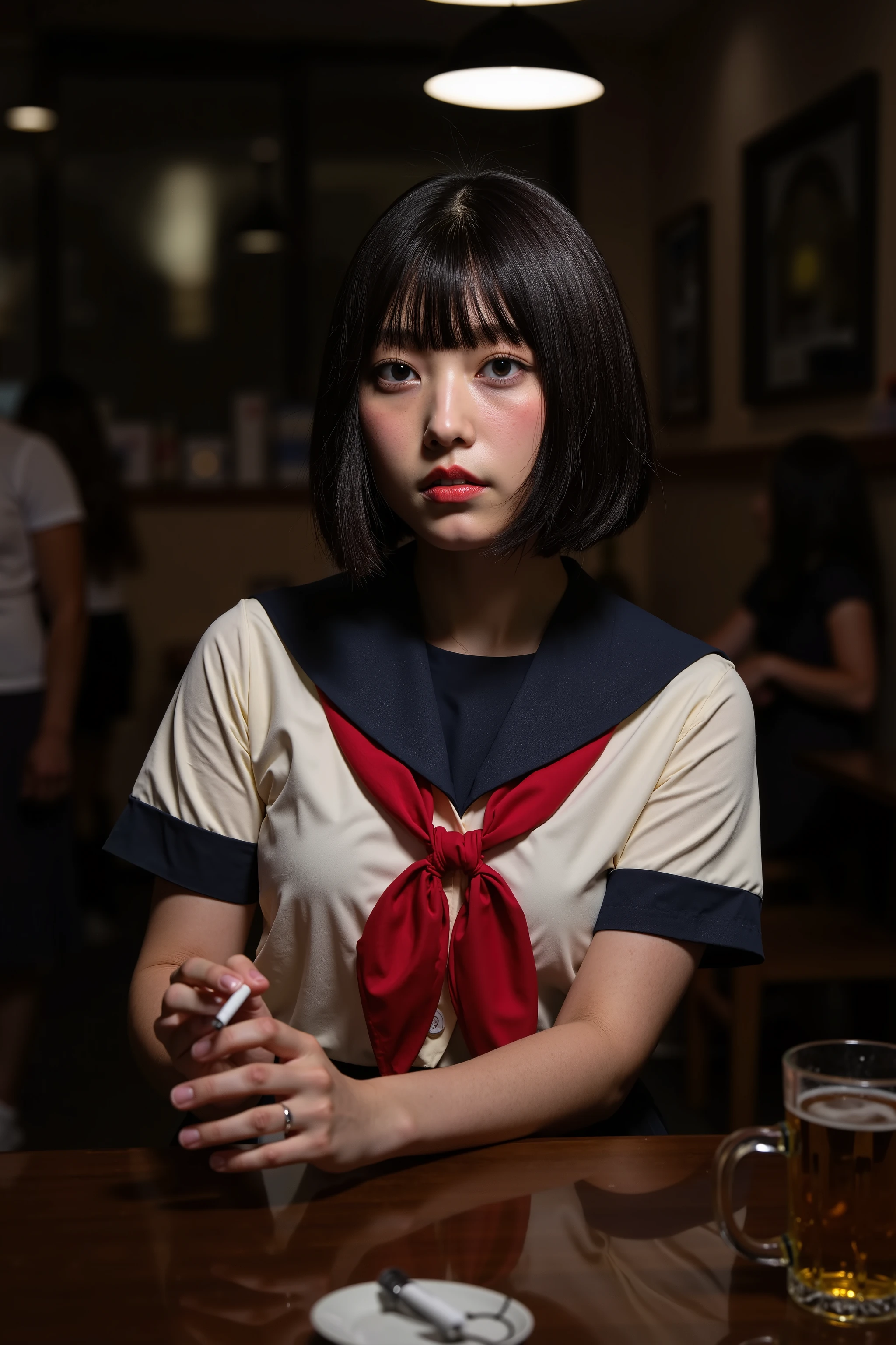A high resolution photograph of a young Japanese woman. She wears a sailor suit with short-sleeve ivory top, navy blue collar, red neckerchief and navy blue pleated skirt as school uniform. She has flawless porcelain-white skin. Her hairstyle is short bob cut glossy black hair with blunt pattsun bangs. POV across table, She is sitting at a table in a dimly lit coffee shop. (She is a smoker, holds a cigarette in her right hand, smokes currently and cigarette smoke wafts around her:1.4). There is an ashtray and a beer mug on the table. She's looking at the camera with a glaring expression. Her face is lit by a lamp. The overall atmosphere is grim. This image depicts detailed face, detailed eyes, sophisticated nose, photo-realistic, masterpiece, best quality, intricate details, extremely detailed, cinematic lighting, detailed hands, detailed fingers and anatomically correct proportion.